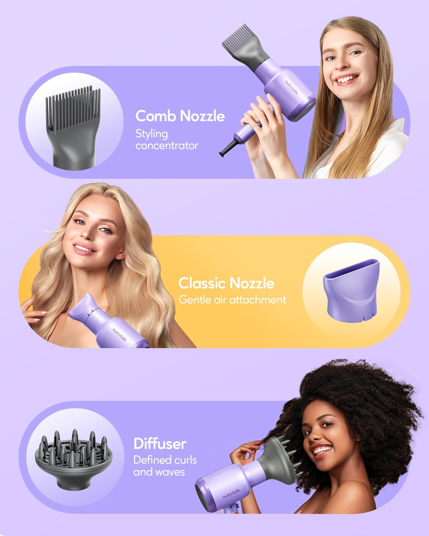 Wavytalk Blow Dryer with Diffuser, Blown Away Ionic Hair Dryer for Curly Hair with Comb, 1875W Fast Drying Blow Dryer with Ceramic Technology, 3 Attachments for All Hair Types, Light and Quiet, Purple