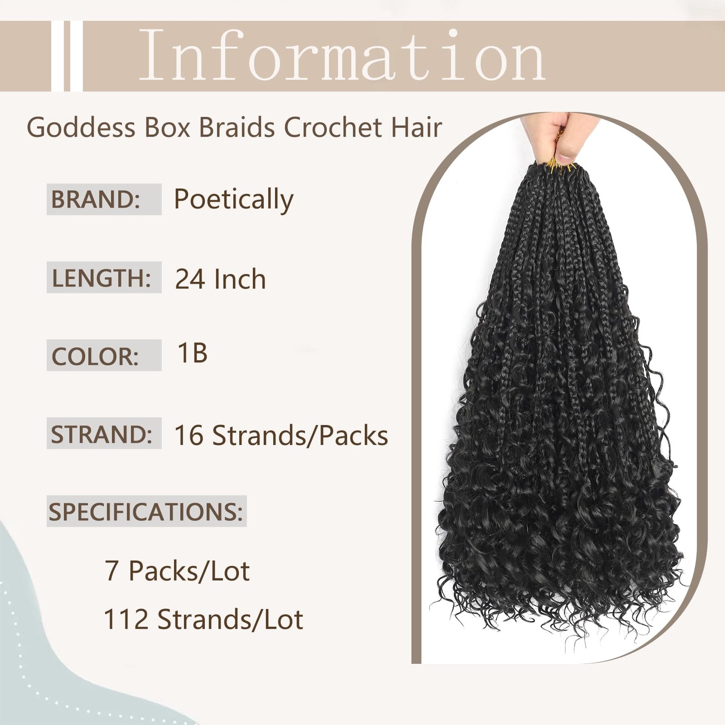 24 Inch Goddess Box Braids Crochet Hair Boho Box Braids Crochet Hair Bohemian Hippie Braids Pre-looped Boho Crochet Braids Natural Black Goddess Braids With Culy End for Woman