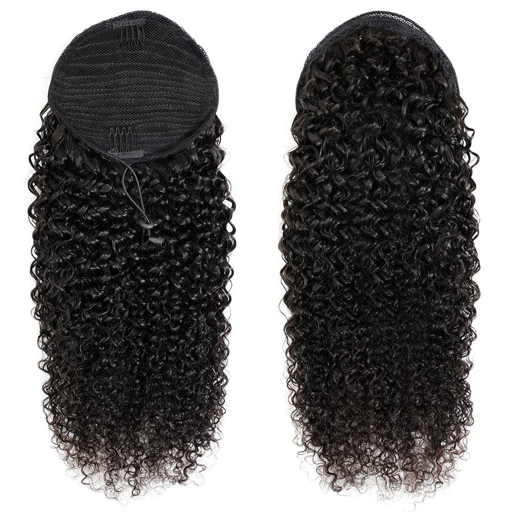 Adette 20 Inches Curly Ponytails Human Hair Drawstring Ponytail Extension Kinky Curly Clip in Pony Tail Hair Extensions Hair Pieces for Black Women Natural Black
