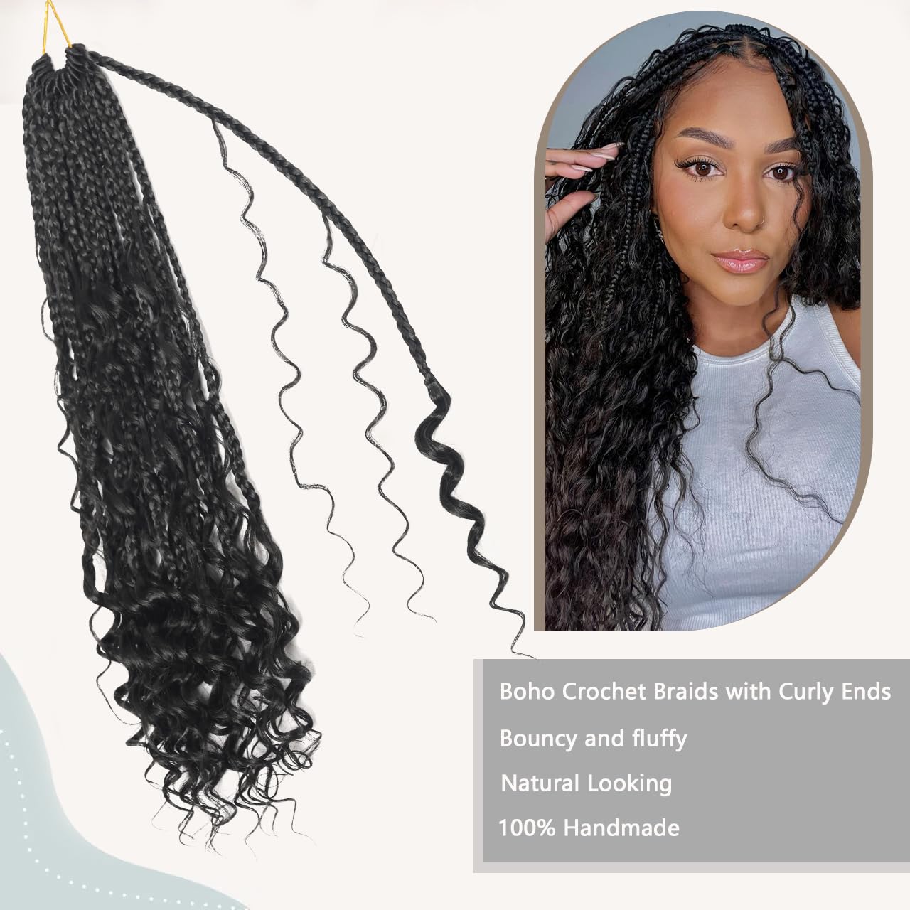 24 Inch Goddess Box Braids Crochet Hair Boho Box Braids Crochet Hair Bohemian Hippie Braids Pre-looped Boho Crochet Braids Natural Black Goddess Braids With Culy End for Woman