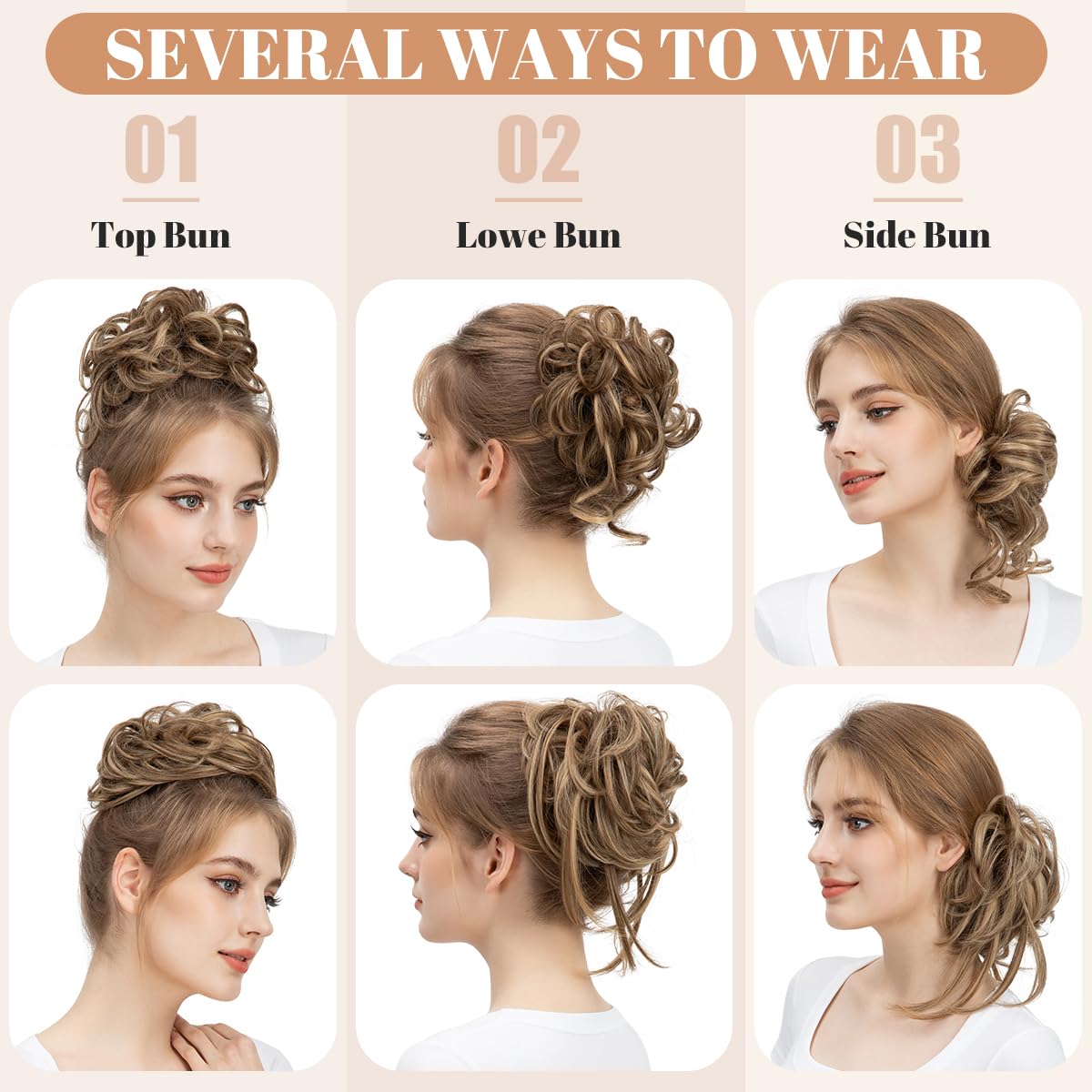 SARLA 2PCS Messy Bun Hair Pieces for Women Detachable Claw Clip Wavy Curly Synthetic Hairpieces for Updos with Tendrils Fake Scrunchies Ponytail Extension Light Champagne