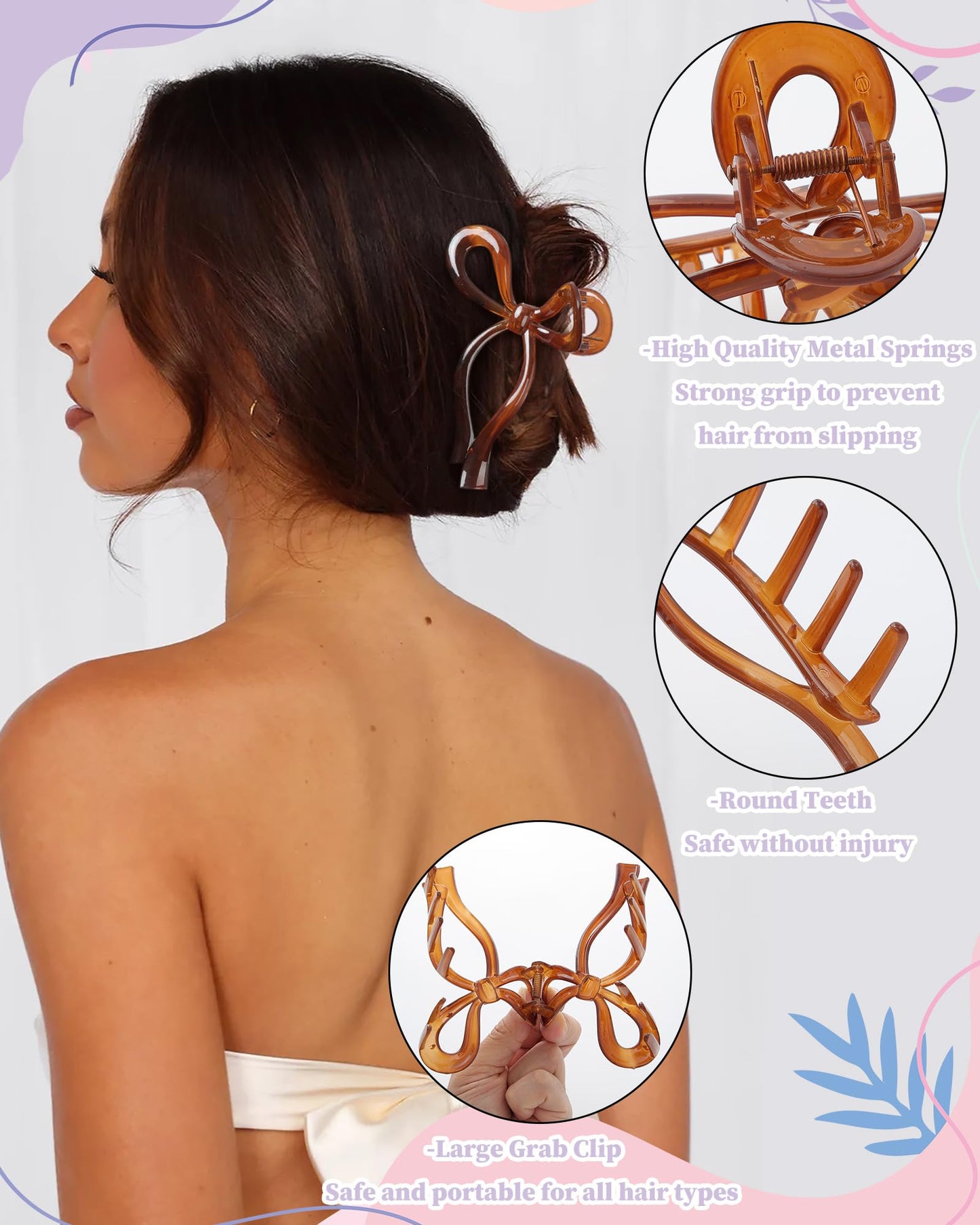 4 PCS Bow Hair Clips Bow Claw Clip for Women Nonslip Large Hair Claw Clips for Thin and Thick Hair Strong Hold Hair Bows (Orange+Coffee+Black+Champagne)