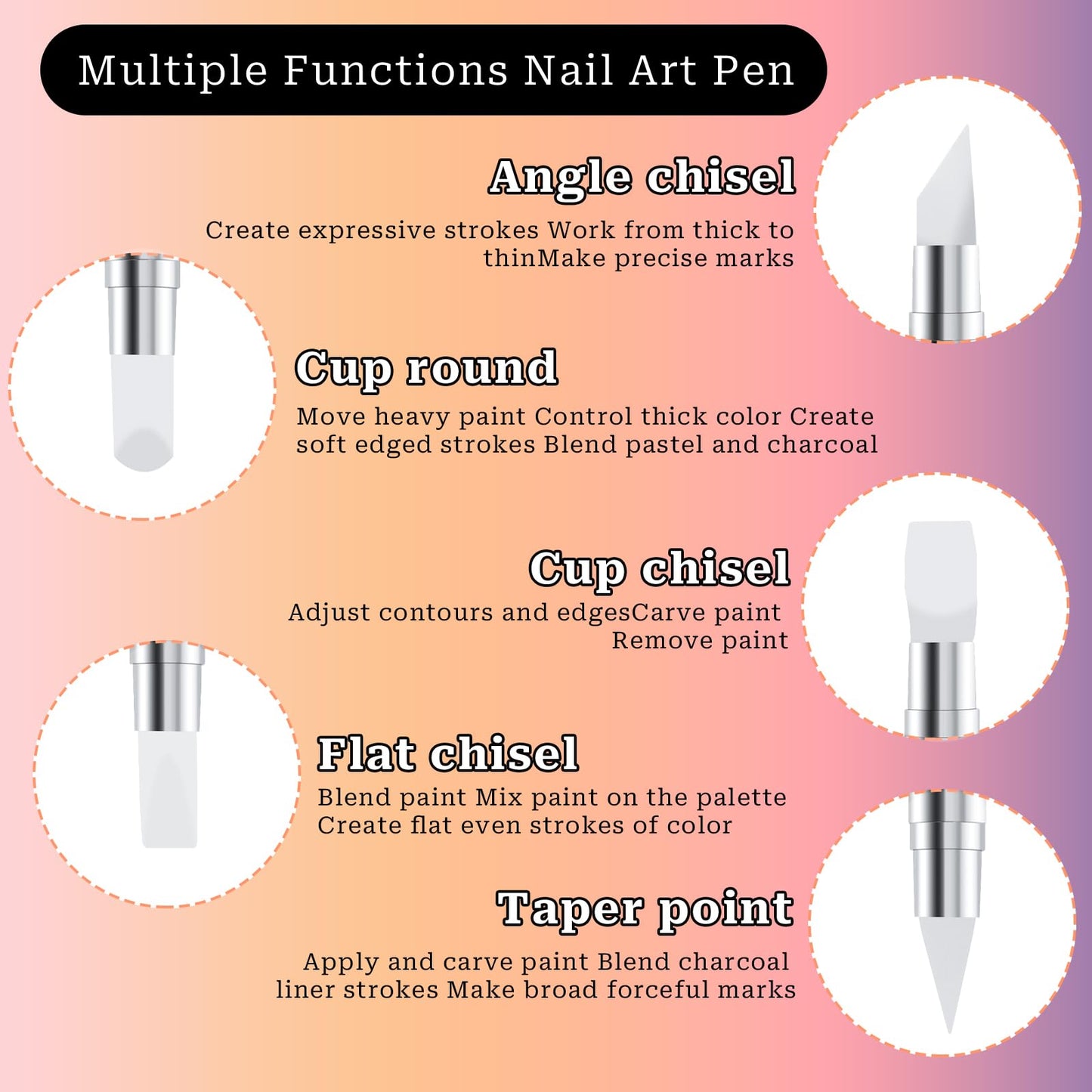 5 Pcs Nail Art Sculpture Pen Dual Tipped Silicone Nail Tools Nail Art Acrylic Pen Silicone Brushes for Resin Nail Art Tools for Design Nail Foil Carving Drawing Shaping Drawing Effect