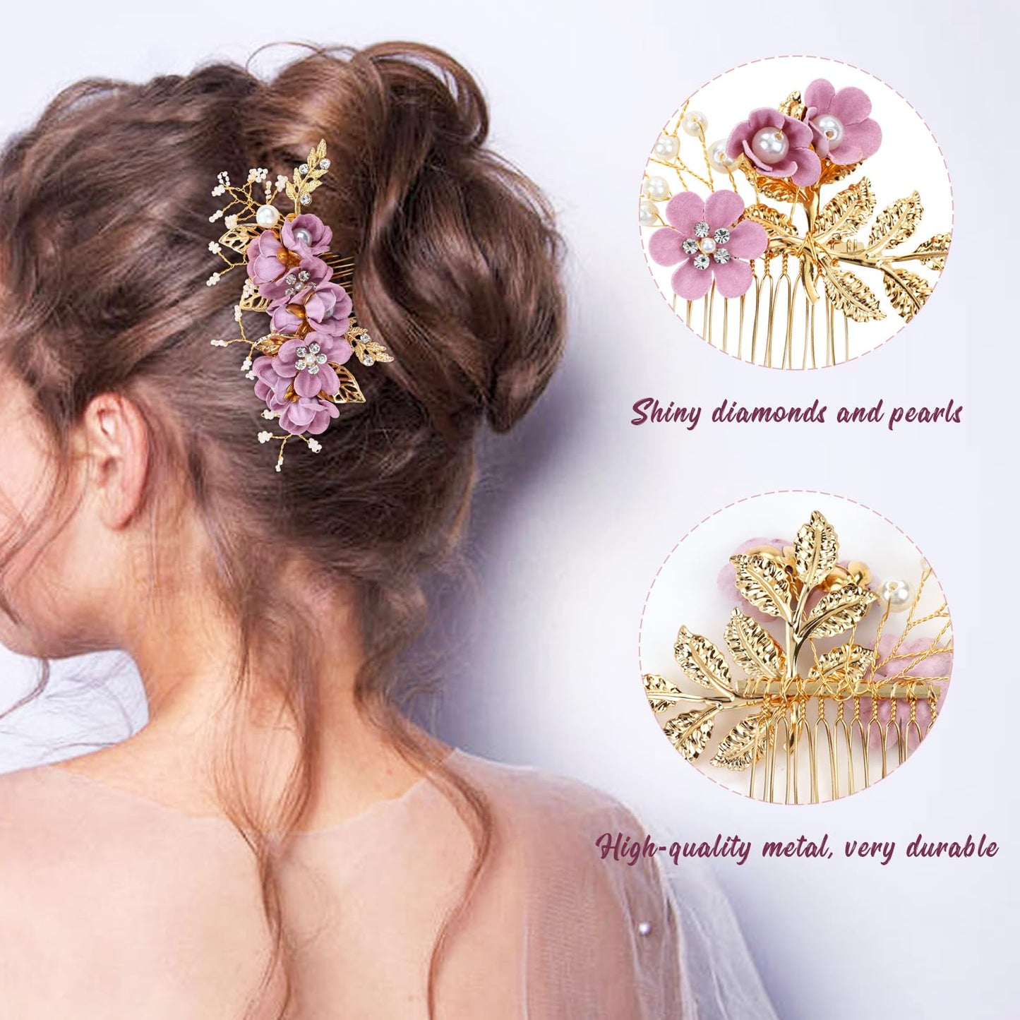 inSowni 20 Pack Classic White Dusty Pink Blue Flower Bridal Wedding Hair Side Combs+U-shaped Flower Hair Pins+Twist Spiral Pearl Hair Pins Pieces Headpieces Accessories for Brides Bridesmaids Women Girls (Purple)