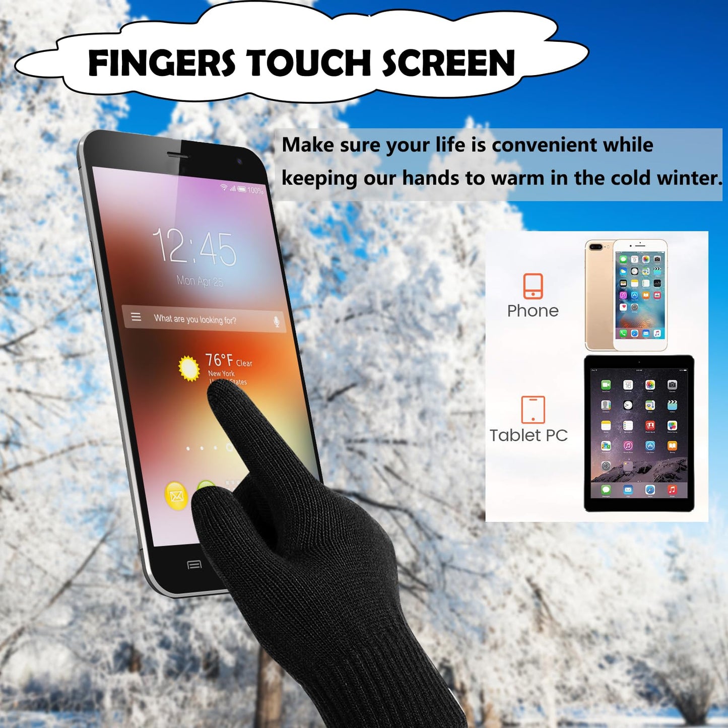 6 Pieces Winter Beanie Hat Scarf Gloves Set for Men and Women,Knitted Skull Cap Winter Hat Touchscreen Gloves Neck Warmer