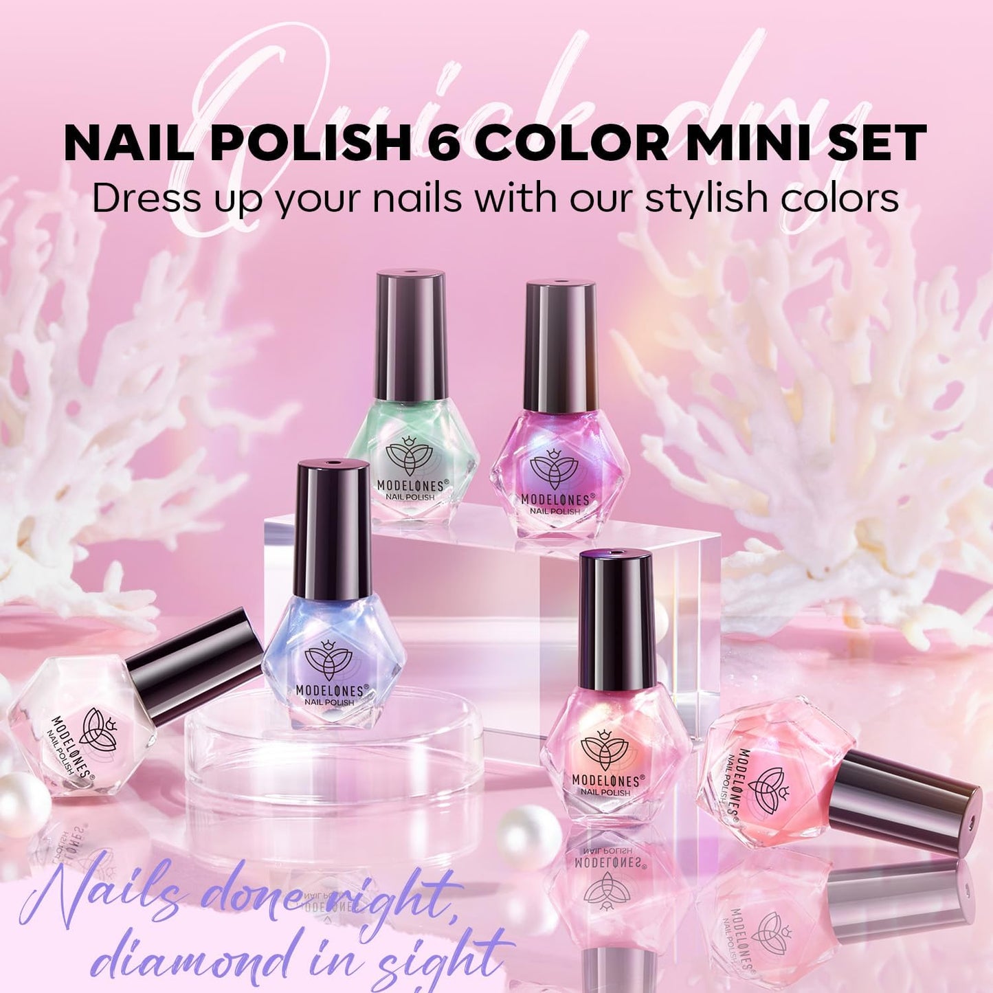 modelones Chrome Nail Polish Set, 2025 Spring Summer 6 Colors Shimmer Pearl White Pink Mermaid Purple Quick Dry Nail Polish Kit Fingernail Polish Manicure DIY Salon Home Easter Gifts for Women Girl