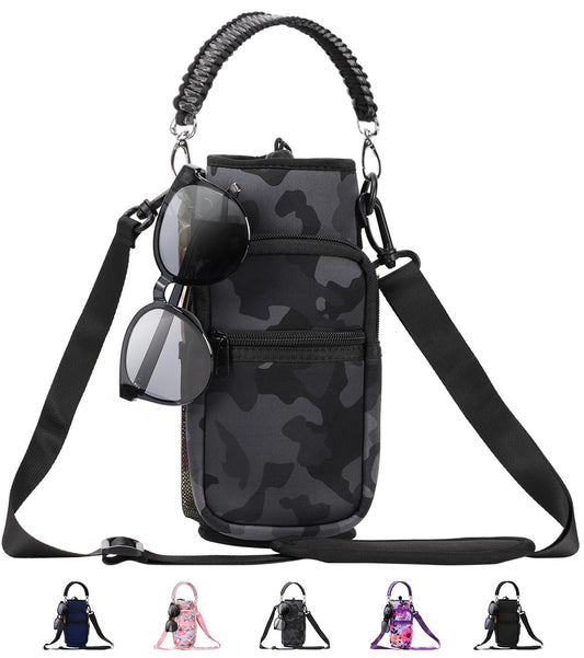 AceTreker Water Bottle Sleeve, 32 oz 40 oz Water Bottle Holder with Strap & Paracord Handle, Neoprene Insulated Carrier Sling Bag with Phone Pocket for Walking Hiking Sport-Gray Camo
