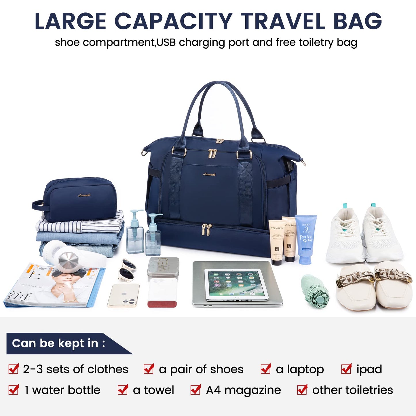 Gym Bag for Women LOVEVOOK Travel Duffel Bag with USB Charging Port, Navy Blue, Medium