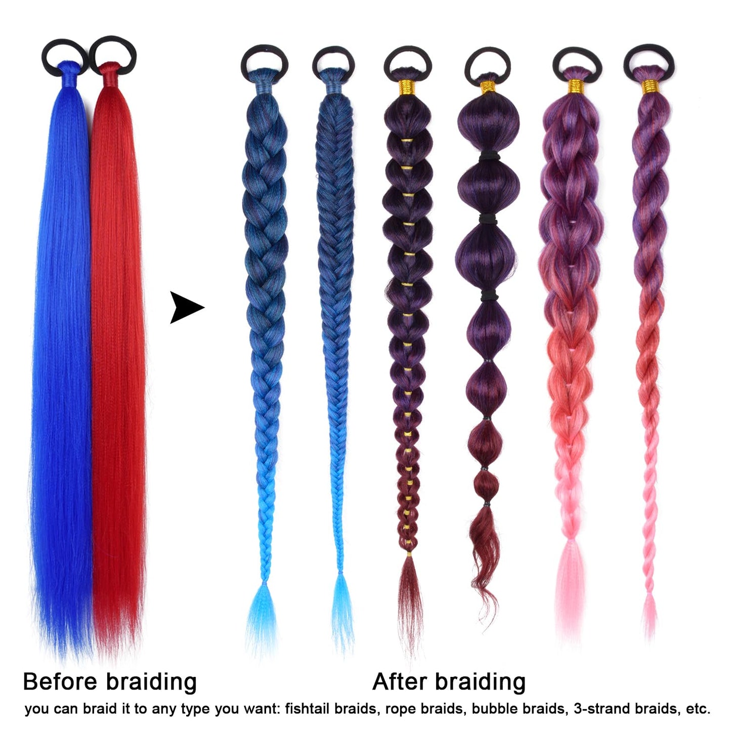 2 Pack Braid Ponytail Extension with Elastic Tie Straight Sleek Wrap Around Braid in Extensions Red Blue Contrast 26 Inch Hair Braid Extensions Ponytail for Girls(Red/Blue#)