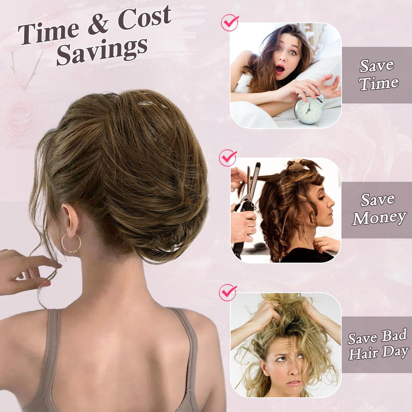 BARSDAR Drawstring Hair Bun Extensions - Straight Brown Hair Bun Extensions for Women - Short Straight Ponytail Hair Bun Synthetic Hair Bun Scrunchies Hairpieces Daily Party - Brown