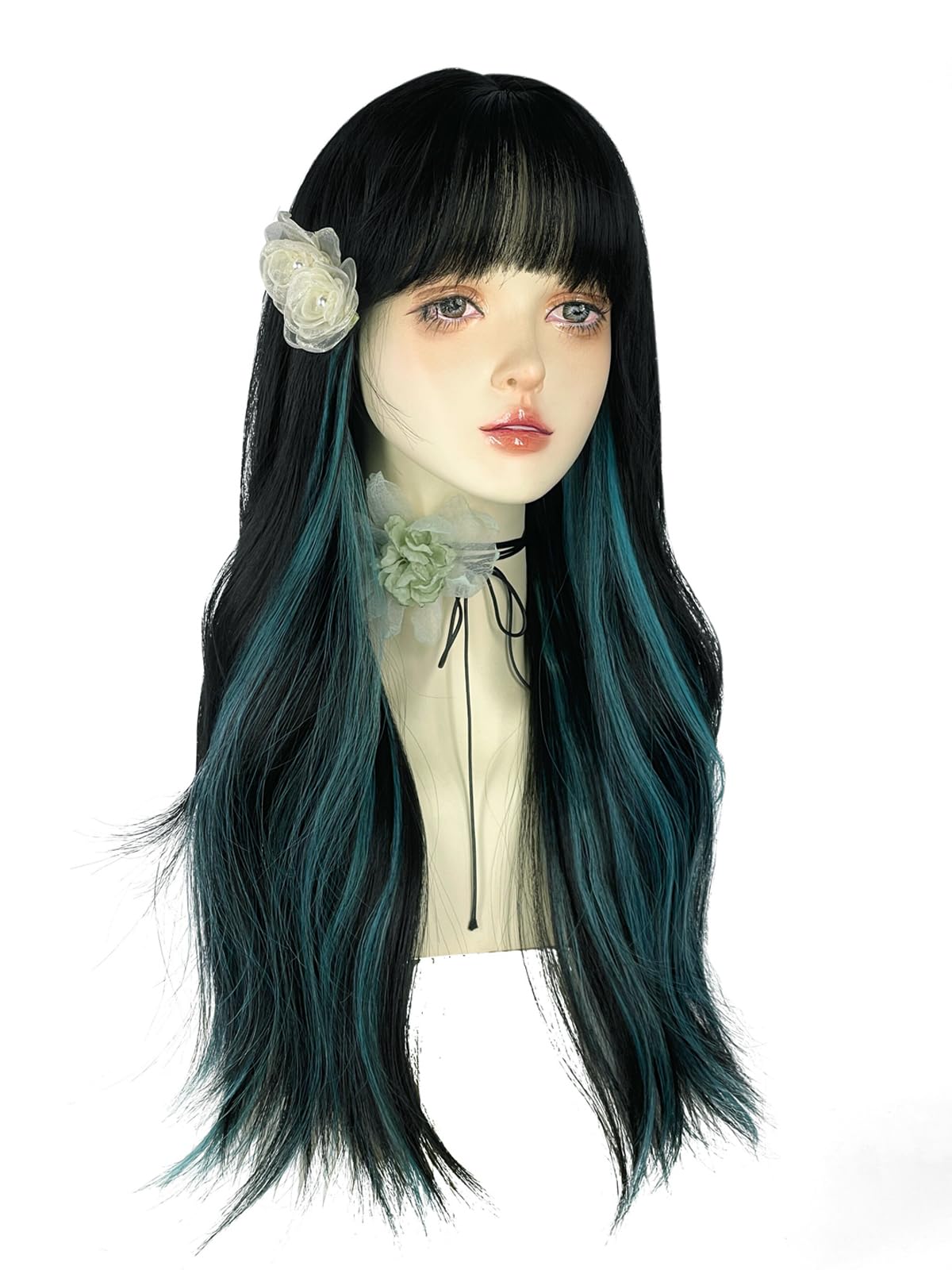 WKLOUYHE Long Wavy Wig for Women Synthetic Curly Wig with Bangs Fibre Cosplay Wig for Girls Daily Use Colorful Wigs (Black+Blue)