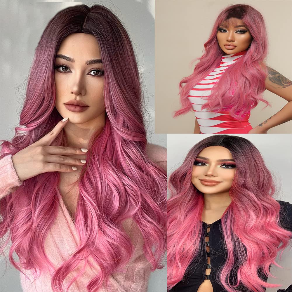 1B/Pink Body Wave Bundles Human Hair Pink Bundles Human Hair Ombre Two Tone Black and Pink Bundles Brazilian Human Hair Weave Wet and Wavy Bundles Silky Soft for Black Women 26 28 30 inch