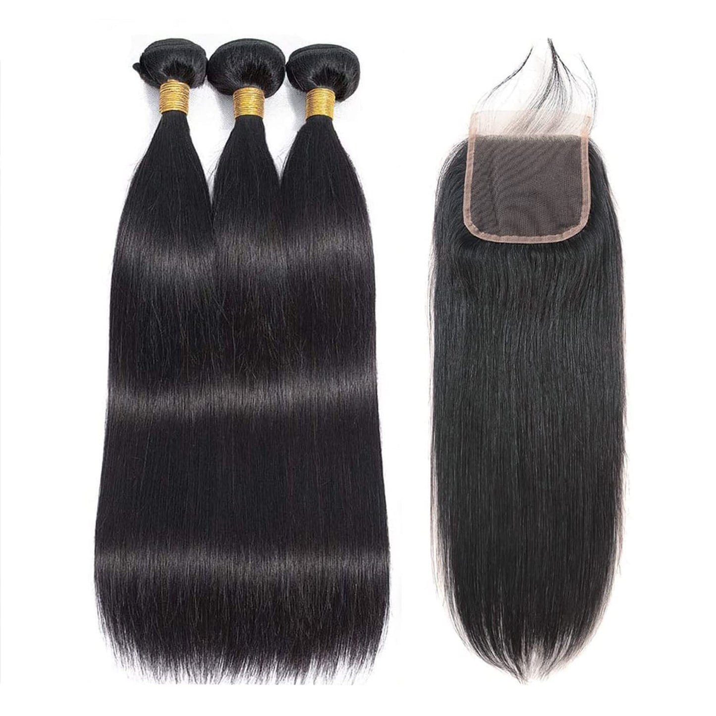 10A Straight Bundles with Closure Human Hair (18 20 22+16) Brazilian Human Hair Bundles with Closure 100% Unprocessed Virgin Remy Hair Weave 3 Bundles with Closure HD Lace 4x4 Free Part Natural Color