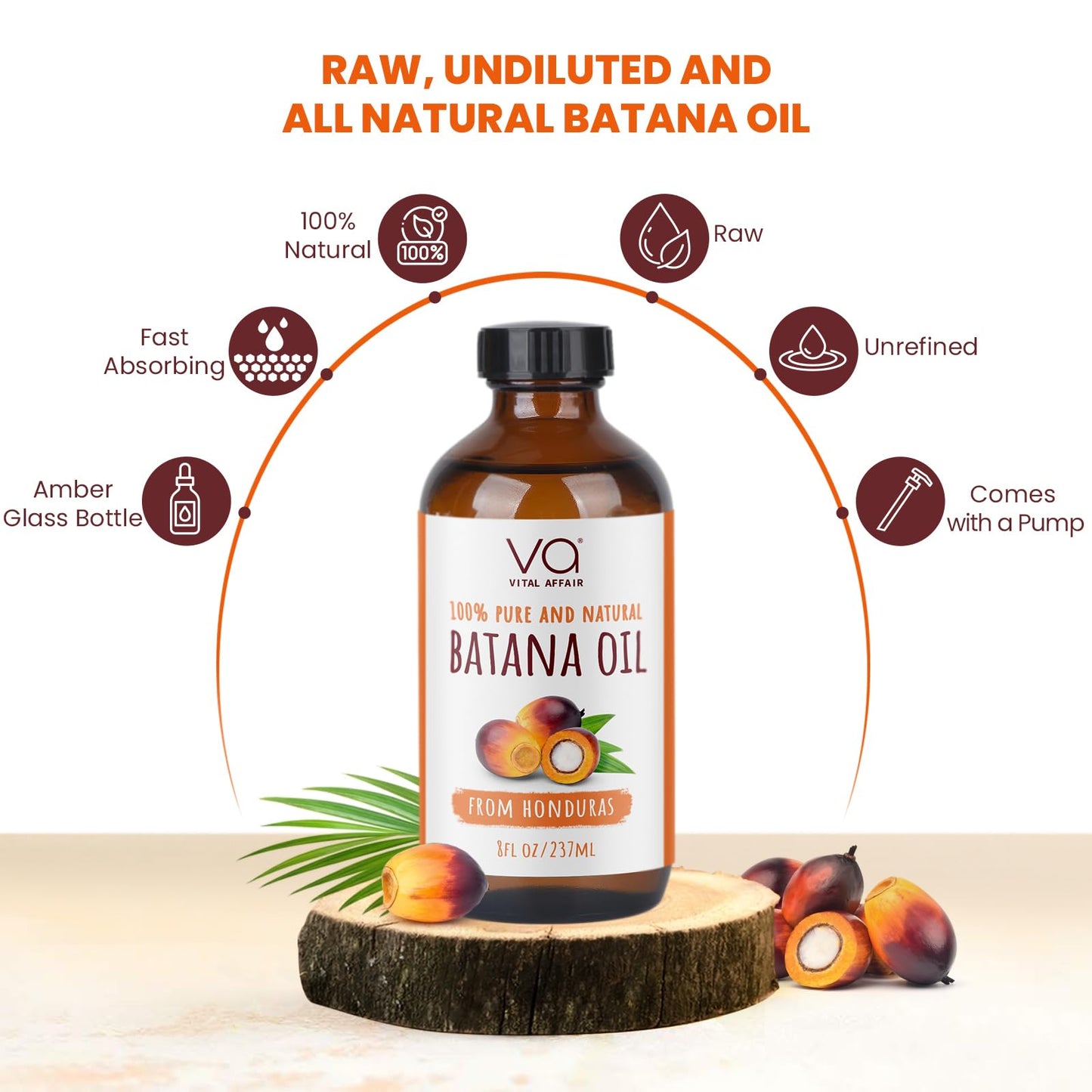 VITAL AFFAIR Batana Oil For Hair Growth-100% Raw Batana Oil From Honduras-Glass Bottle-Skin & Hair Growth Oil Rich In Essential Nutrients-Batana Hair Oil For Women & Men-For Strong & Shiny Hair-8 FlOz