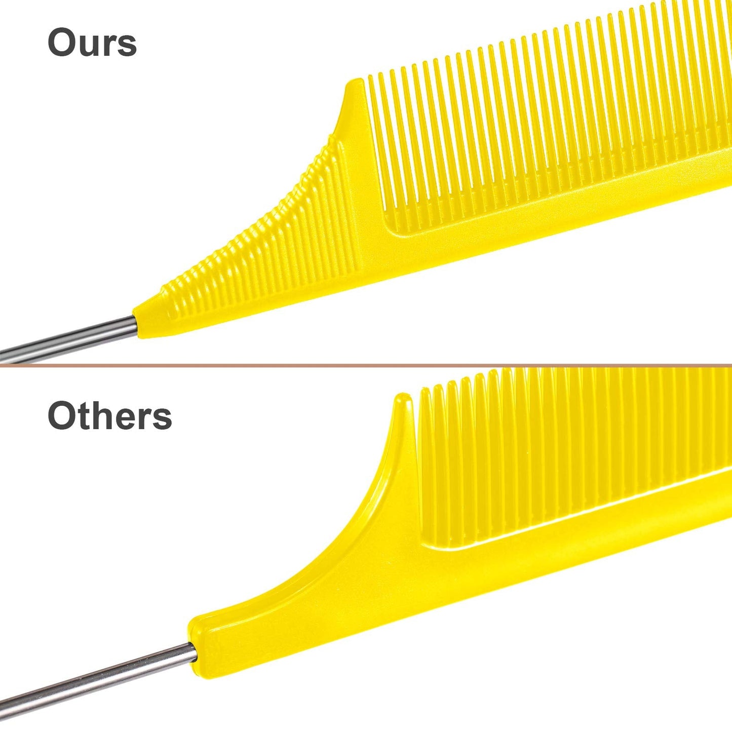 3 Packs Rat Tail Comb Steel Pin Rat Tail Carbon Fiber Heat Resistant Teasing Combs with Stainless Steel Pintail (Yellow)