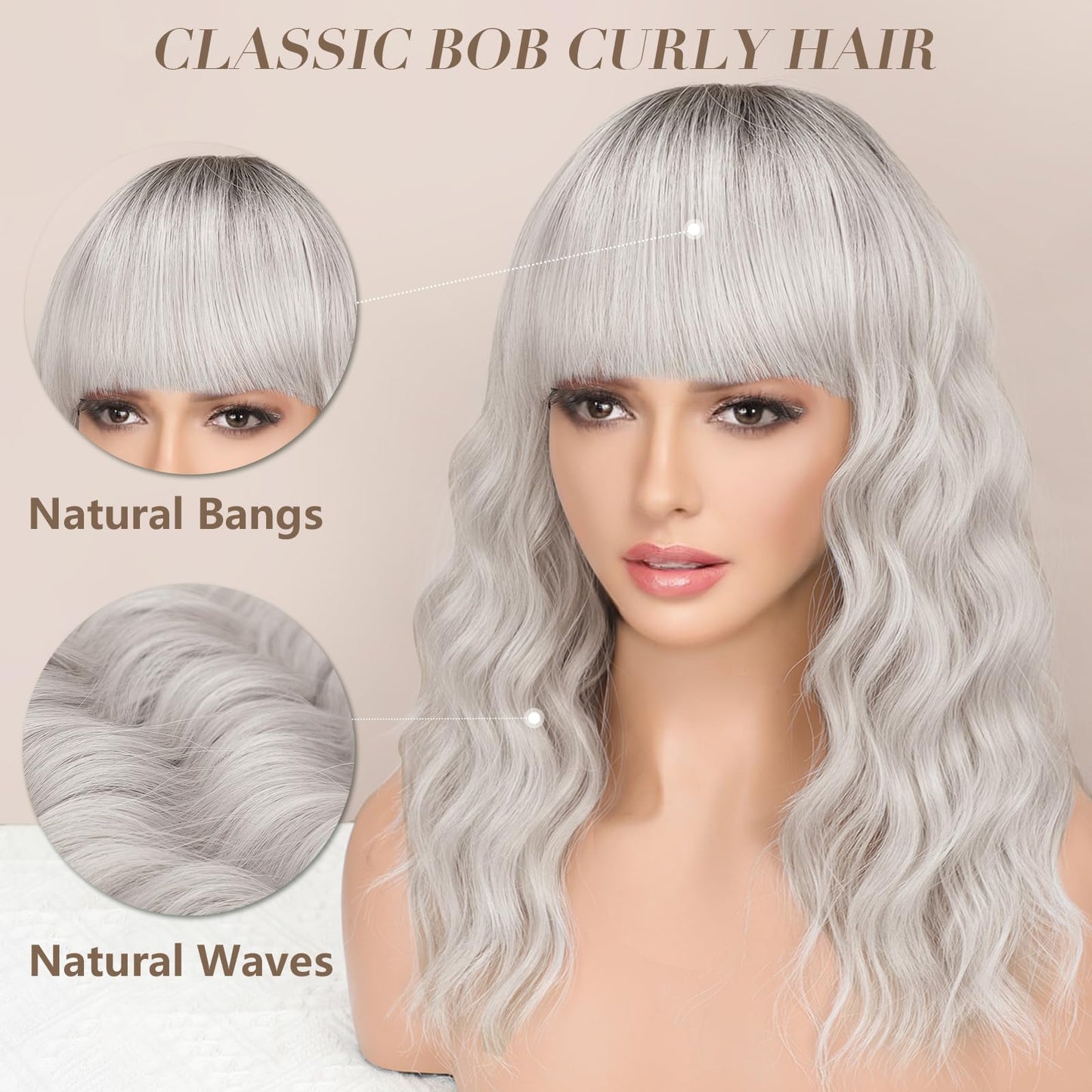 Nnzes Ombre Silver Wig with Bangs for Women White Bob Wavy Charming Synthetic Wigs with Natural Shoulder Length Curly Heat Resistant Hair for Daily Party Use