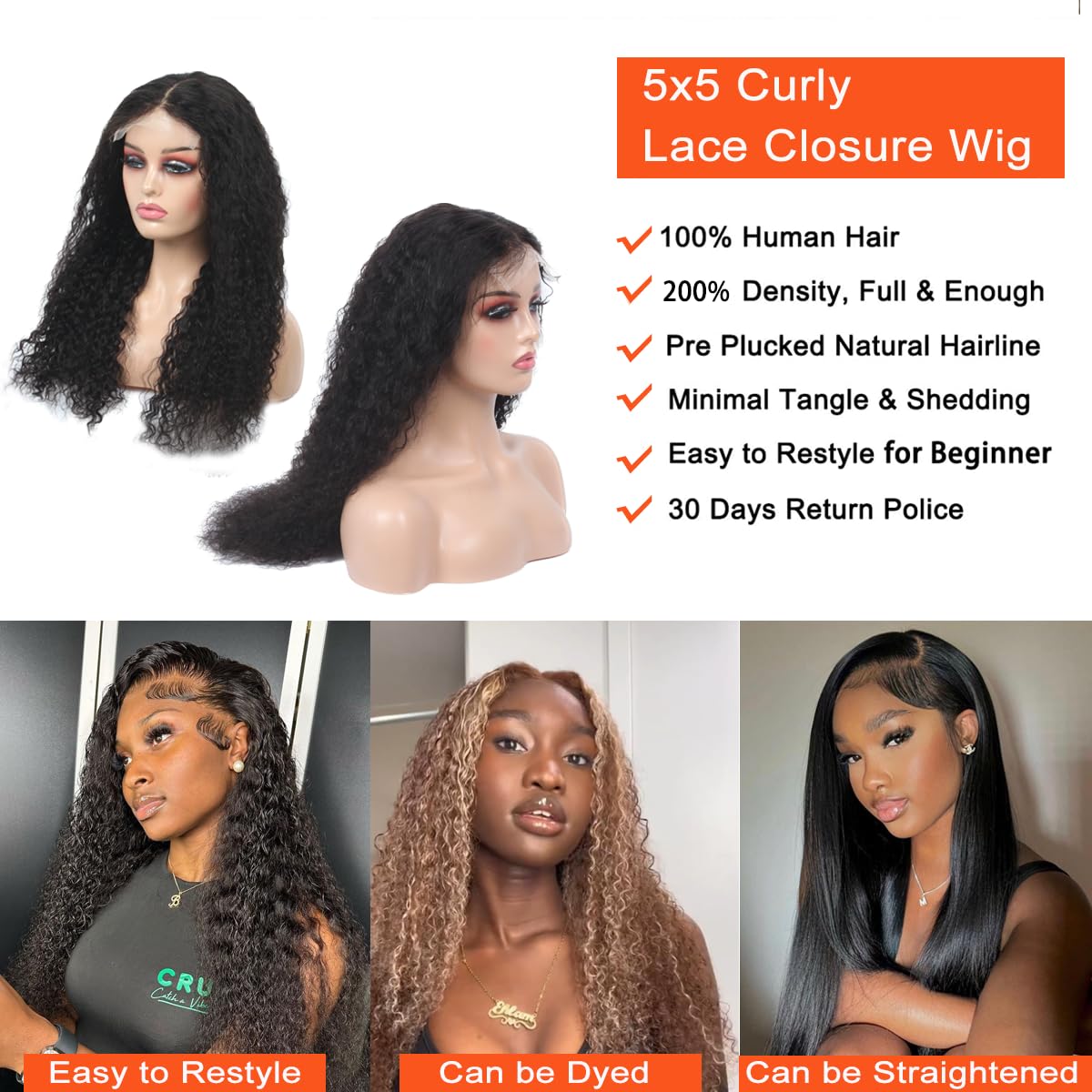 5x5 Lace Closure Wig Human Hair Deep Wave 5x5 HD Lace Closure Wigs for Women 200% Density Curly Lace Front Wig 100% Virgin Human Hair Pre Plucked Glueless Deep Curly Wig with Baby Hair 20 Inch