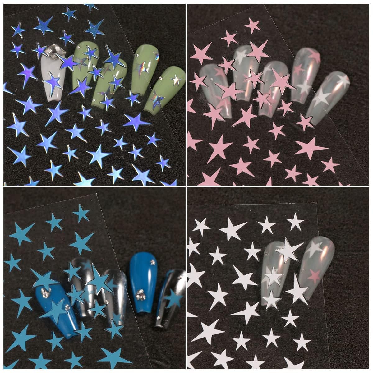 7 Sheets Star Nail Stickers Decals Gold Silver White Black Star Nail Art Stickers 3D Self Adhesive Star Nail Decals Star Nail Designs Nail Art Supplies for Women Nail Manicure Decorations