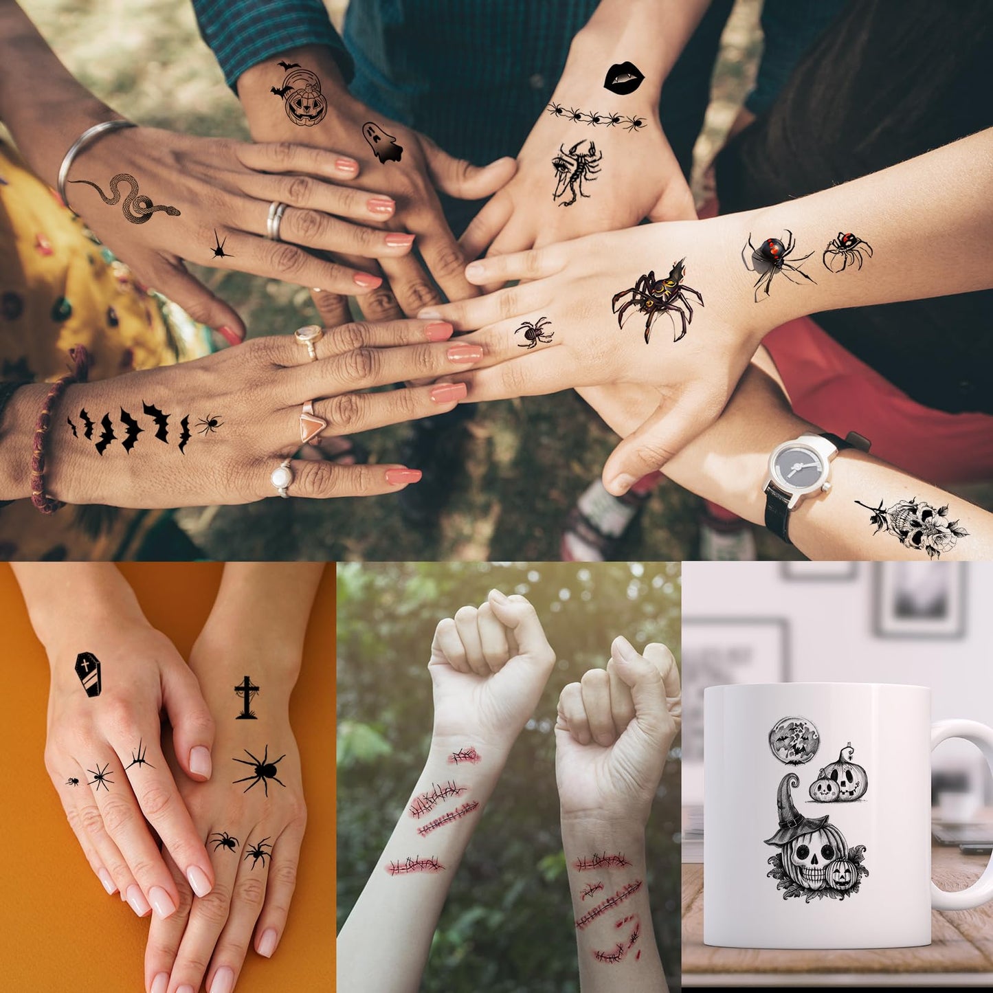 52 Sheets Black Halloween Temporary Tattoos for Kids Men Women, Include 10 Sheets Large Half Arm Sleeve Fake Tattoos, 200+ PCS Spider Snake Tiger Lion Skull Bat Vampire Scar Halloween Tattoos