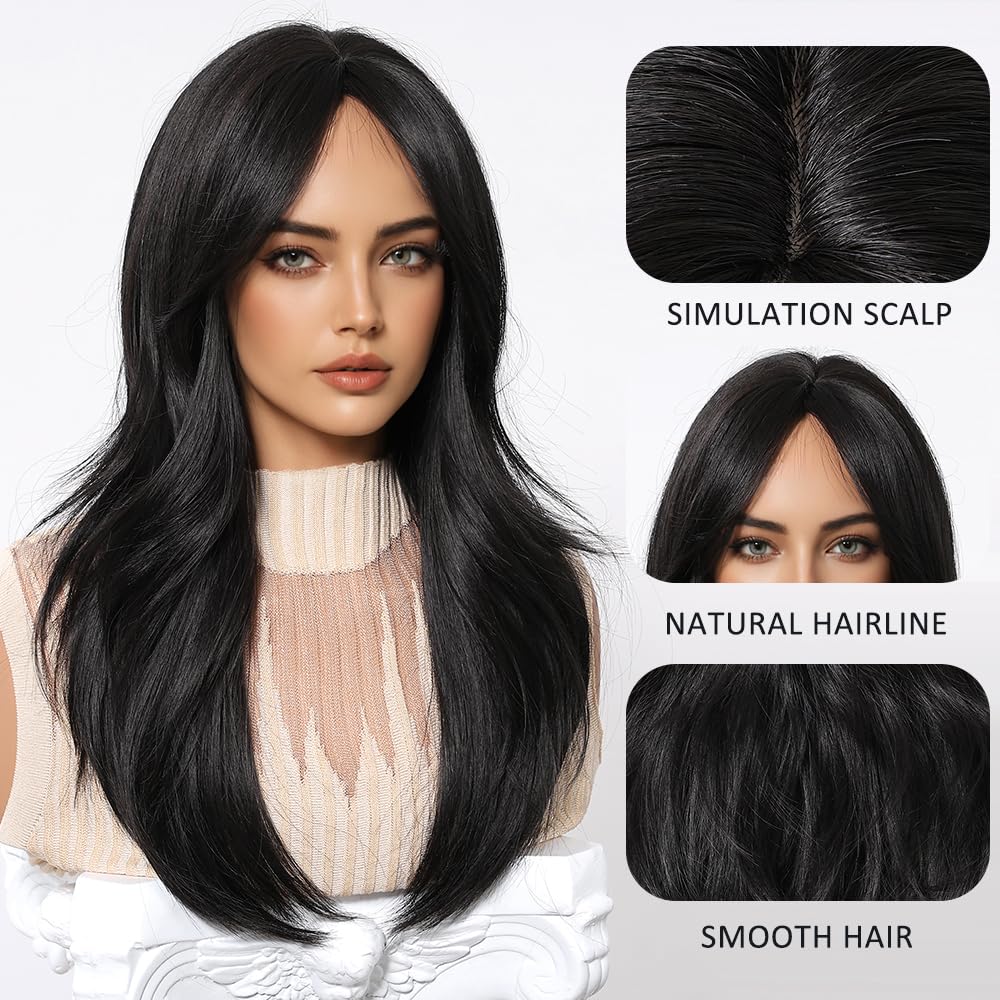 Esmee Long Straight Dark Brown Wig for Women with Curtain Bangs Natural Synthetic Hair Wigs for Daily Party Use 20 Inches