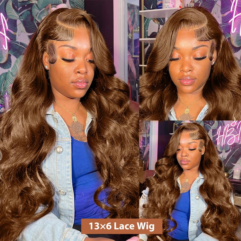 200 Density 13X6 Chocolate Brown Body Wave Lace Front Wigs Human Hair 13x6 HD Transparent Lace Front Wigs For Women Auburn Brown Colored with Baby Hair Glueless Wigs Human Hair Full And Thick 18 Inch