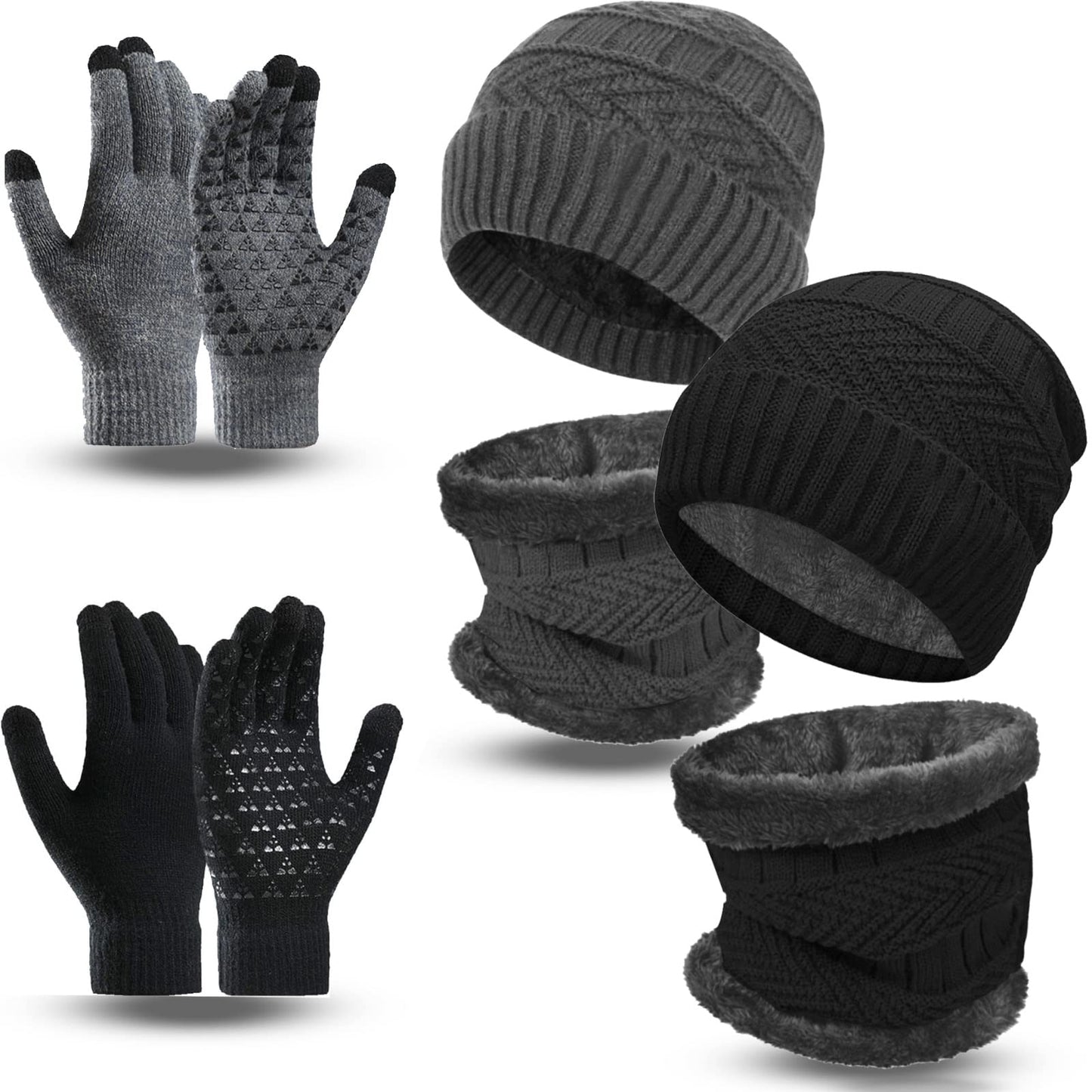 6 Pieces Winter Beanie Hat Scarf Gloves Set for Men and Women,Knitted Skull Cap Winter Hat Touchscreen Gloves Neck Warmer