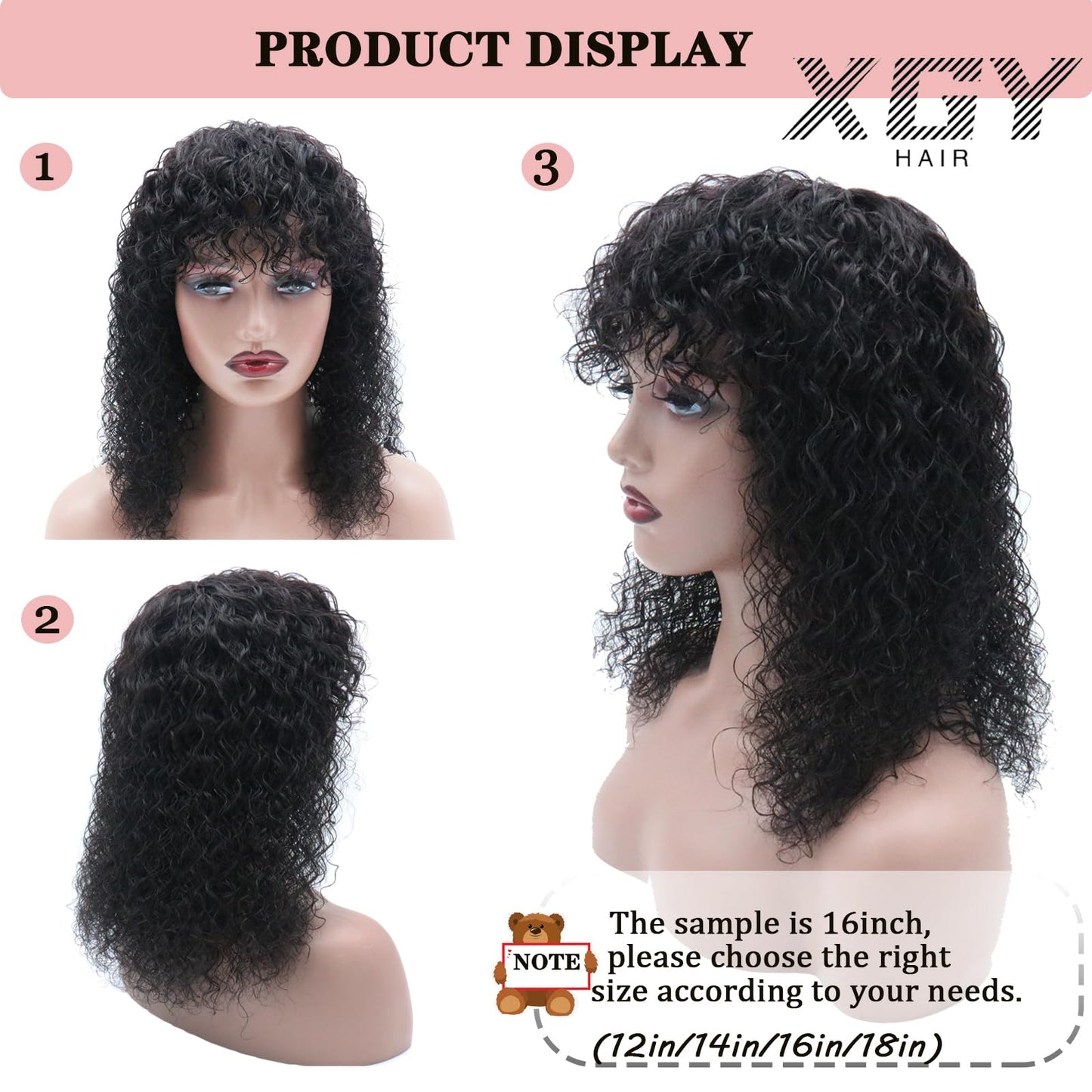 22 Inch Curly Human Hair Wigs with Bangs 150% Density Machine Made Virgin Curly Human Hair Wig Scalp Base None Lace Front Water Wave Wigs for Black Women Glueless Natural Hair Wig(1B#)