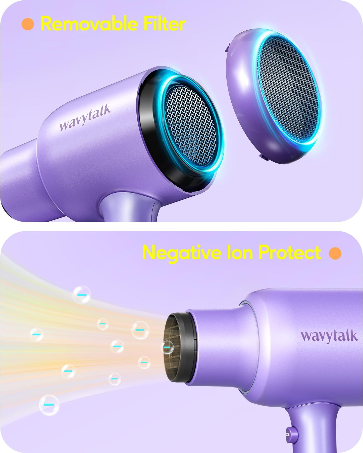 Wavytalk Blow Dryer with Diffuser, Blown Away Ionic Hair Dryer for Curly Hair with Comb, 1875W Fast Drying Blow Dryer with Ceramic Technology, 3 Attachments for All Hair Types, Light and Quiet, Purple