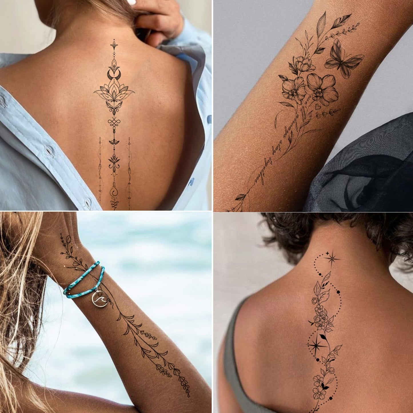 Tazimi Temporary Tattoos For Women Girls-24 Sheets Branch Flower Leaf Wild Plants Sketch Realistic Long-lasting Tattoo Stickers Waterproof Tattoo Sets for Arm Collarbone Leg Backbone Body Art