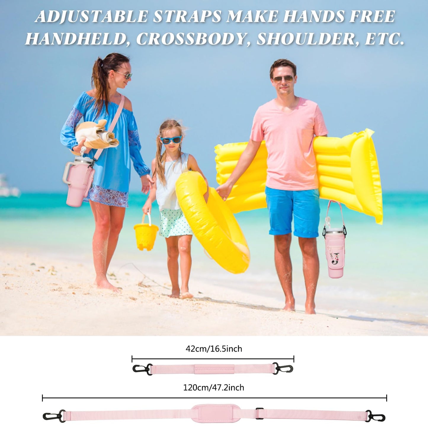 Sunegg Initial Water Bottle Carrier Bag for Stanley 40 oz Tumbler with Handle, Water Bottle Holder Pouch with Phone Pocket, Straw Cover & Carabiner, Nice Accessories for Stanley Cup(Pink S)