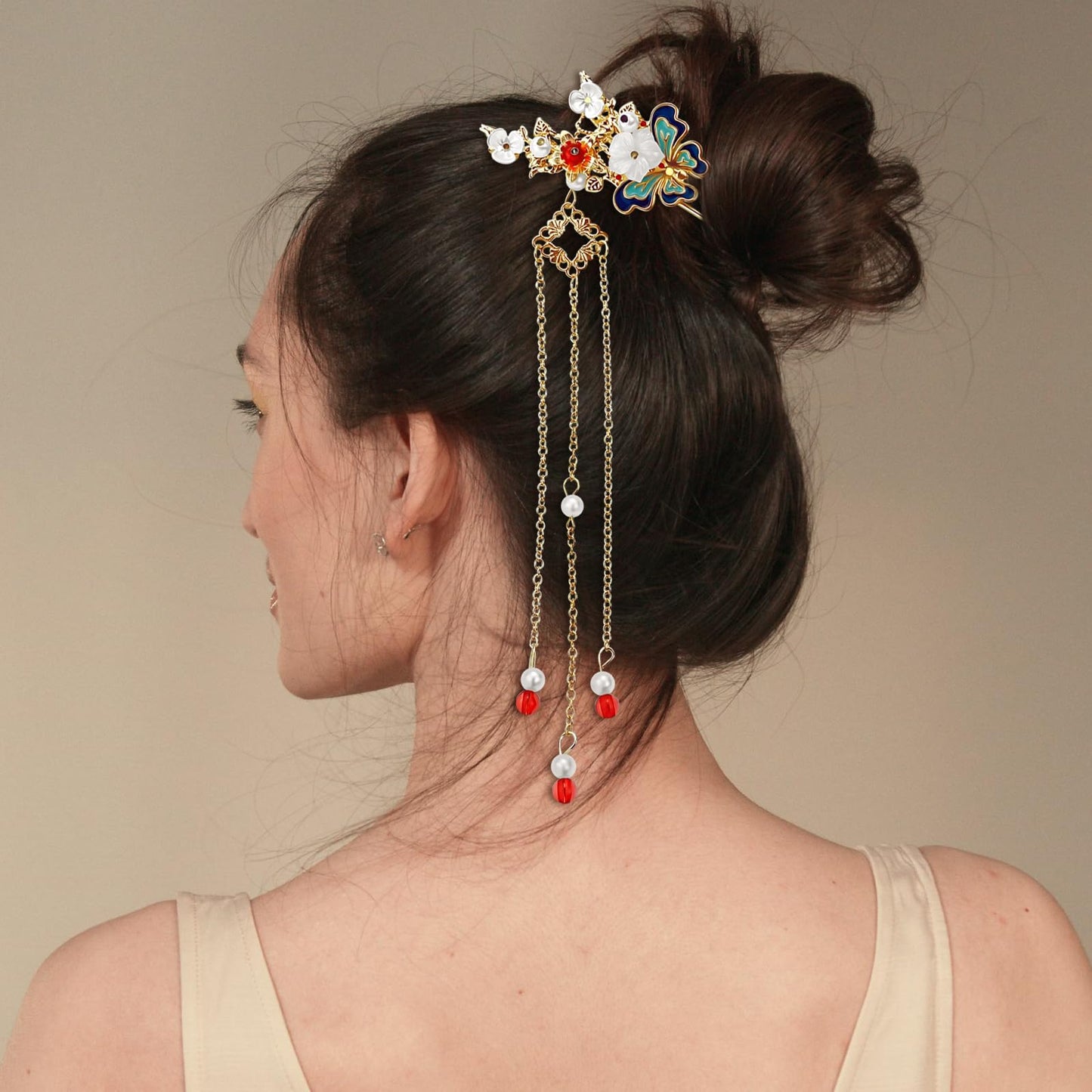 5 Pcs Butterfly Chinese Tassel Hair Stick Peony Flower Crystal Pearl Hanfu Hair Pins Classical Floral Wedding Headpiece Brides Hair Jewelry Accessories for Updo Long Hair Women Girls