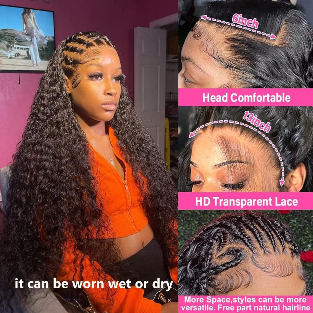 13x6 Deep Wave Lace Front Wigs Human Hair HD Lace Frontal Wigs Human Hair for Black Women Glueless Curly Lace Front Wig Pre Plucked with Baby Hair 150% Density (Natural Color, 20 inch)