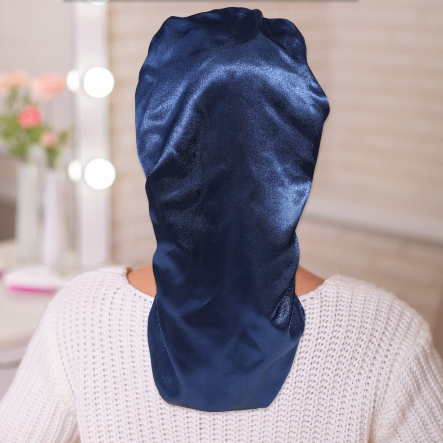 AWAYTR Long Satin Bonnet for Women - Double Layer Elastic Silk Bonnet for Braids Hair Sleeping Cap with Tie Band (Navy Blue)