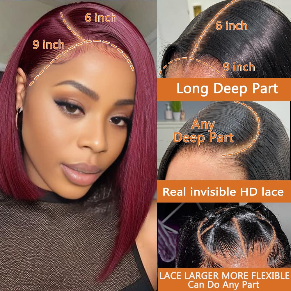 GUDOZO Bob Wig Human Hair Glueless 99J Burgundy 14 Inch 9x6 HD Lace Front Glueless Wigs Human Hair Pre Plucked Pre Cut 200% Density Straight Bob Wigs for Black Women