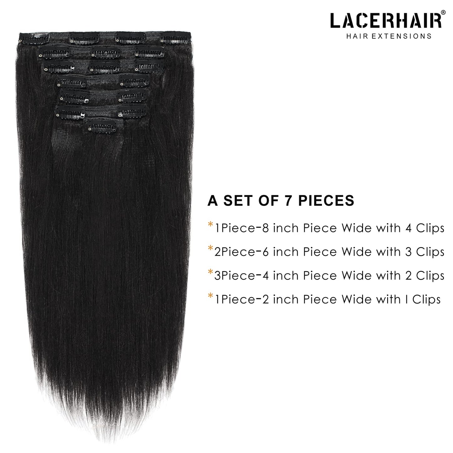 Lacer Light Yaki Clip in Hair Extensions Human Hair, 100% Virgin Remy Human Hair Extensions for African American Black Women Relaxed Hair 7 Pieces/Set 120G 14inch