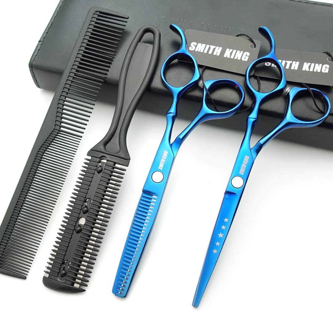 6.0 Inches Hair Cutting Scissors Set with Combs Lether Scissors Case,Hair cutting shears Hair Thinning shears For Personal and Professional (Blue)