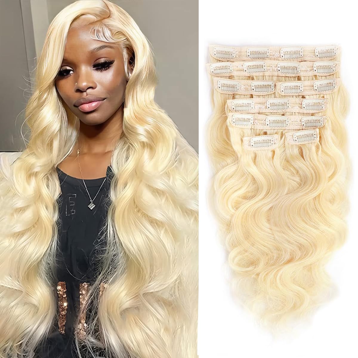 613 Body Wave Clip in Hair Extensions Seamless Clip ins Hair Extensions Real Human Hair Deep Wave Real Blonde Human Hair Clip in Extensions Women 8Pcs 100g 20 Clips
