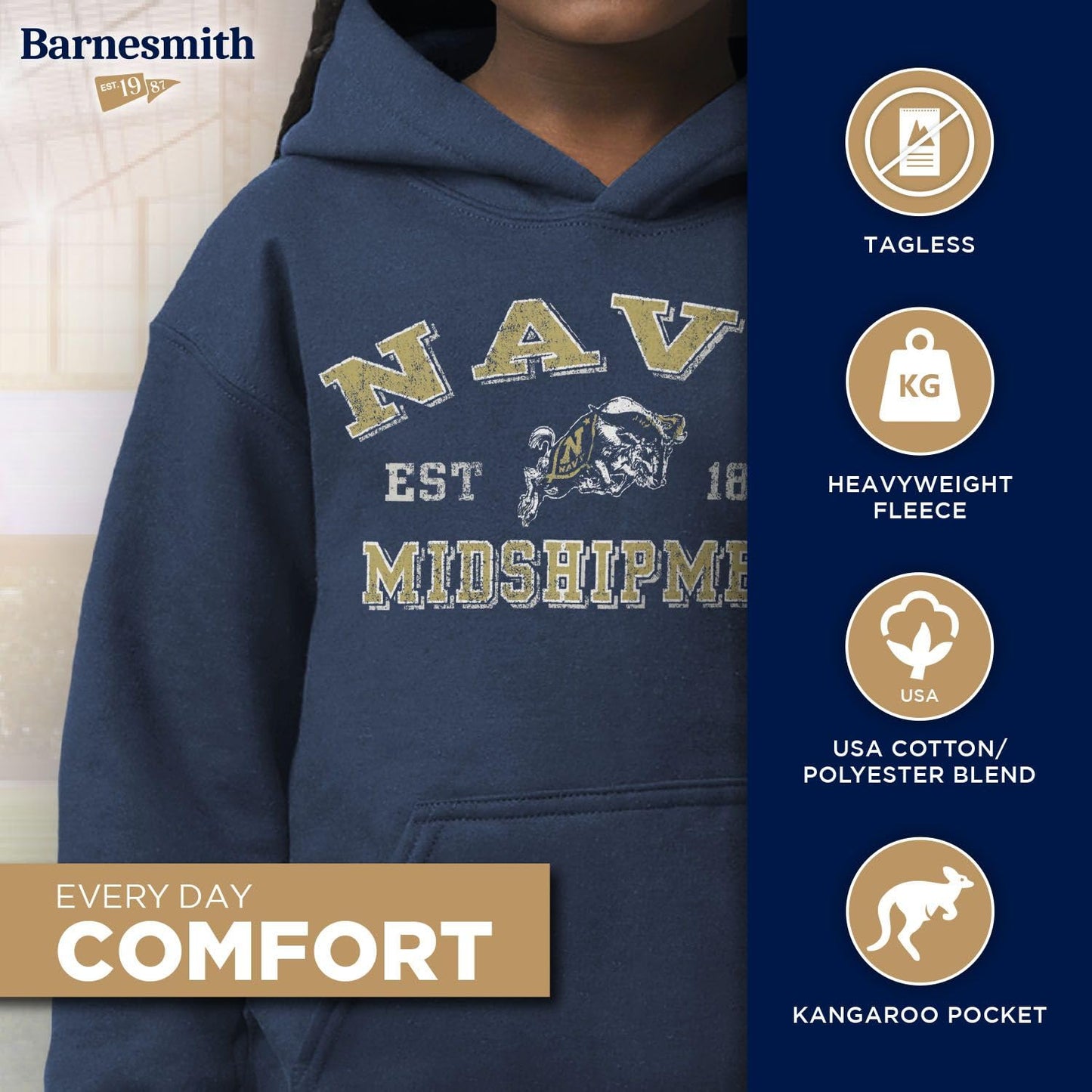 Barnesmith US Naval Academy (Navy) Apparel NAVY Midshipmen Youth Unisex Hooded Sweatshirt, Vintage, Navy, Large