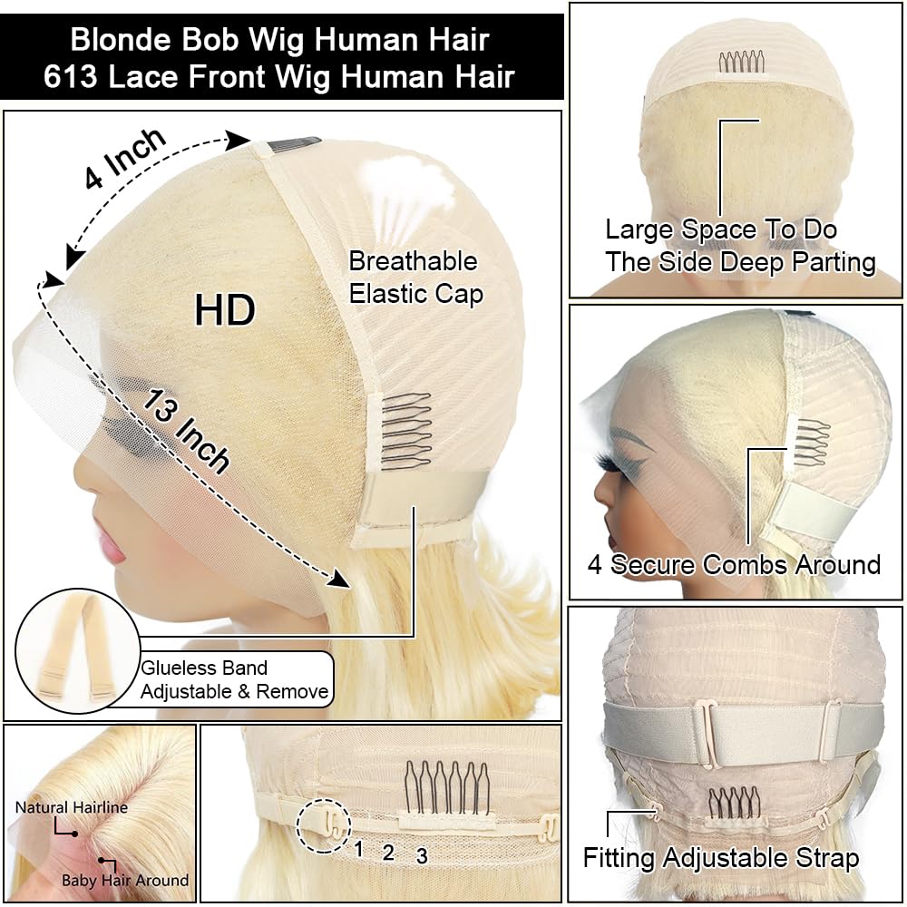 613 Bob Wig Human Hair 13x4 HD Lace Front Wig Human Hair Blonde,Short Straight Glueless 613 Blonde Lace Front Bob Wigs For Black Women Human Hair Pre Plucked Side Part Blond 10 Inch