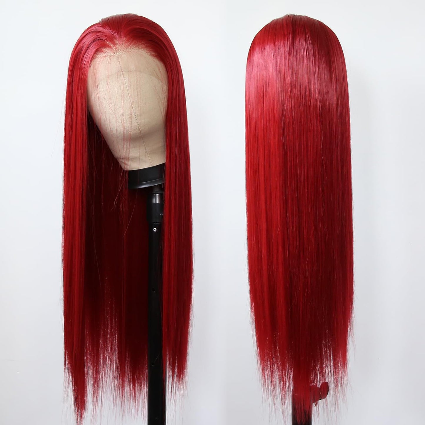 BTWTRY Red Synthetic Lace Front Wig Long Straight Dark Red Lace Front Synthetic Wig Pre Plucked Natural Hairline Glueless Heat Resistant Fiber Hair Wig for Fashion Women (Red)