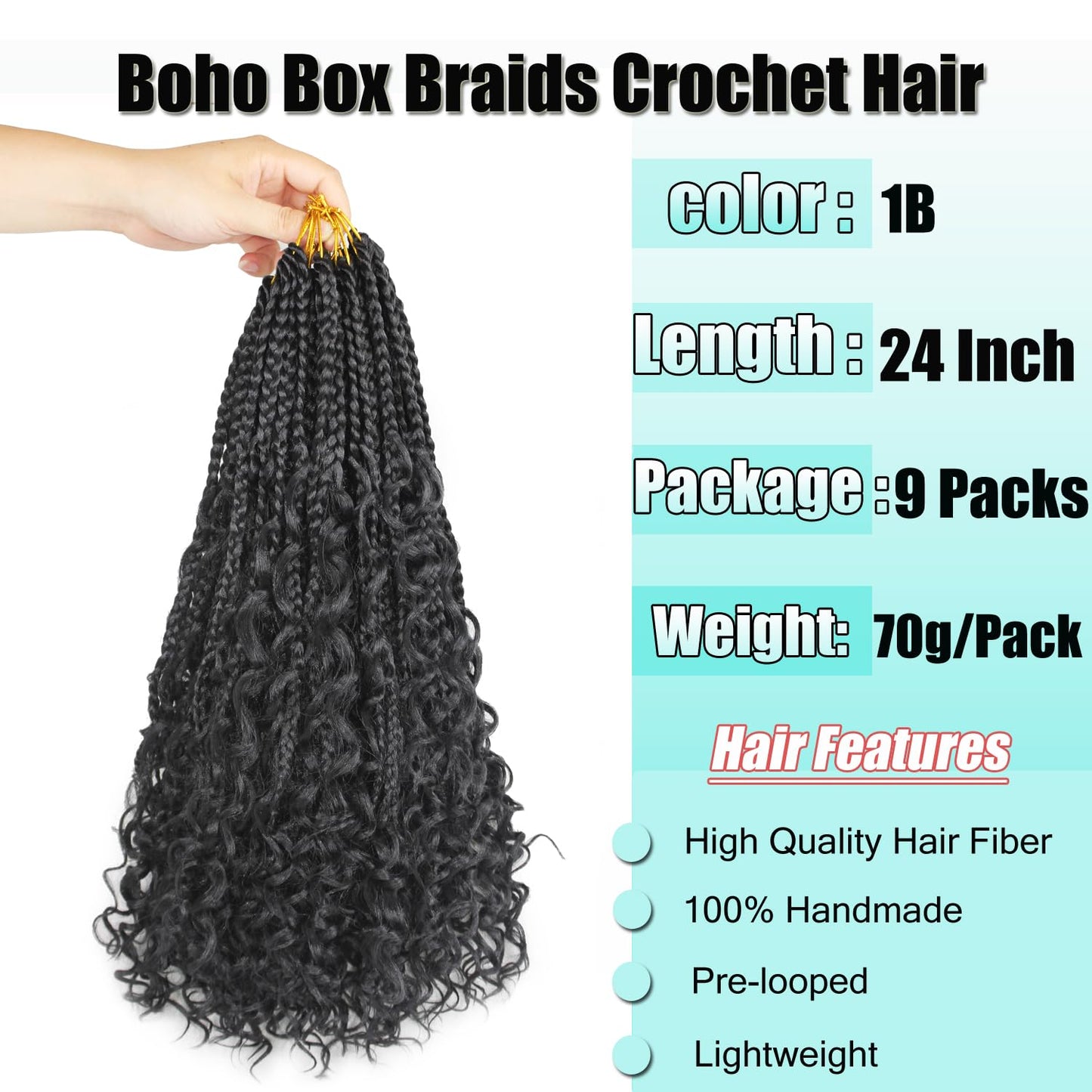 9 Pack Boho Braids Crochet Hair - 24 Inch Pre-looped Goddess Box Braids Crochet Hair Bohemian Crochet Boho Box Braids Crochet Braids With Curly Ends Synthetic Crochet Hair for Women(24 Inch,1B)