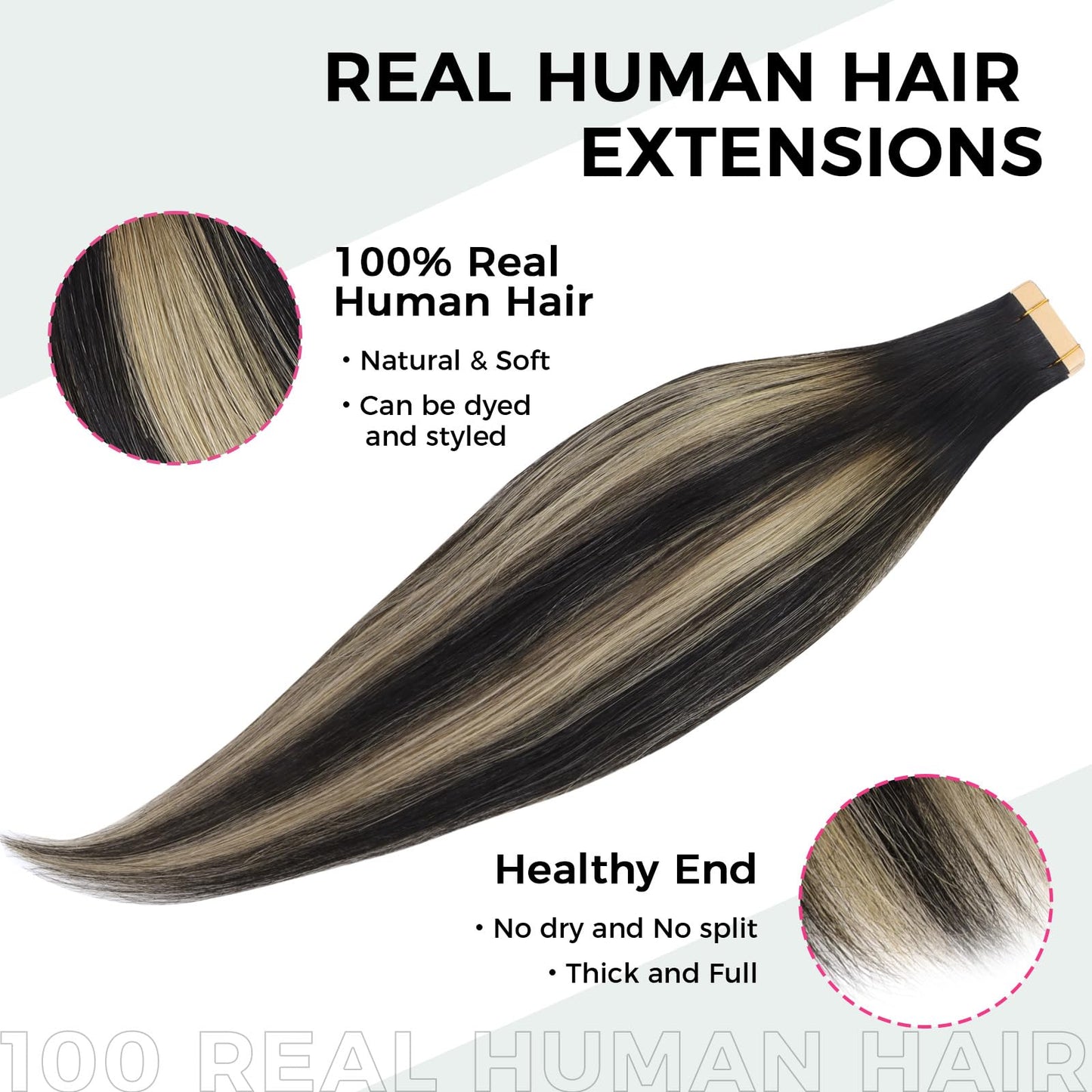 Lashey Tape in Hair Extensions 25g 10pcs 16 Inch Straight Balayage Natural Black to Light Blonde Highlighted Hair Extensions Tape in Hair for Women