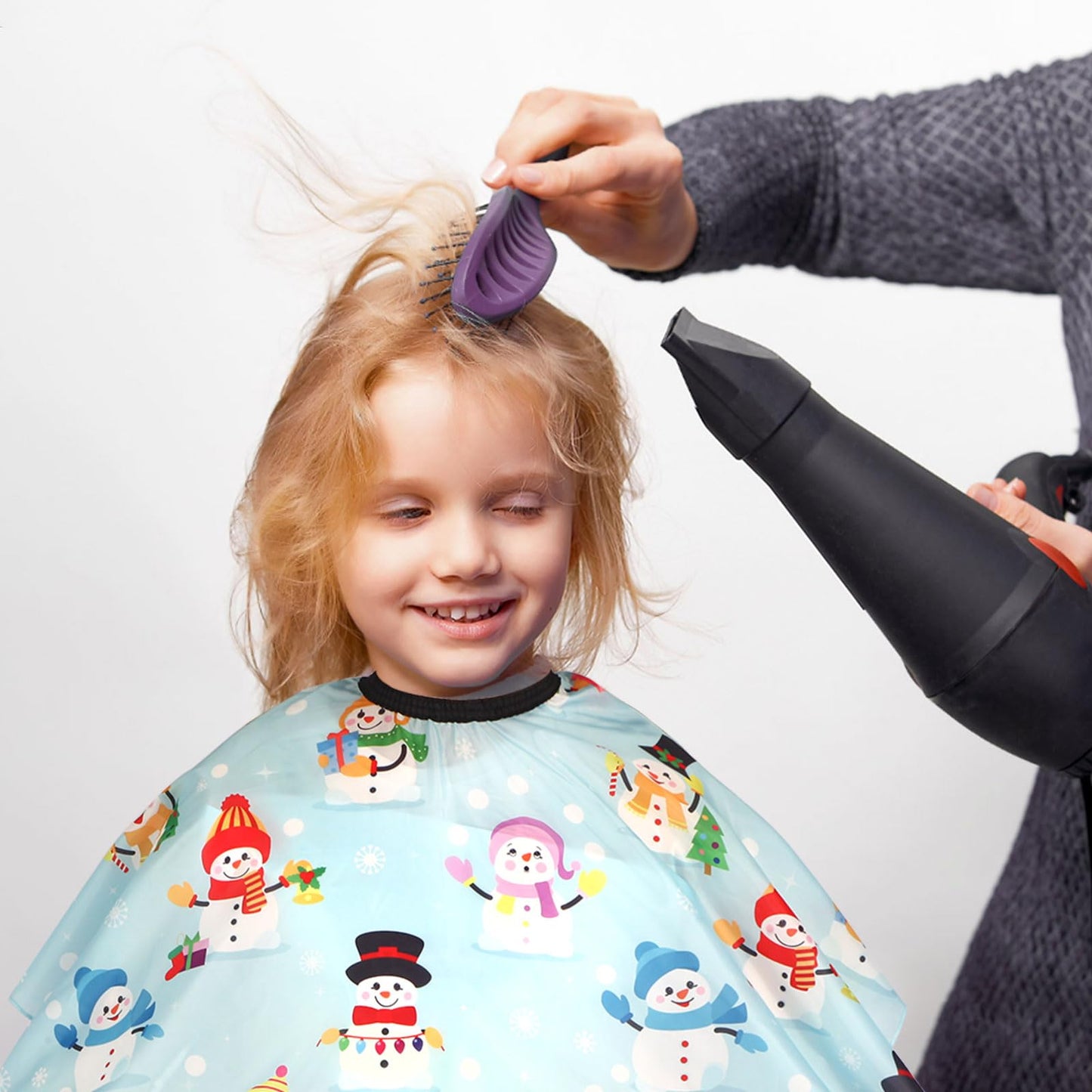Kids Barber Cape with Neck Duster Brush, Professional Salon Hair Cutting Cape with Adjustable Snap Closure(Snowmen)