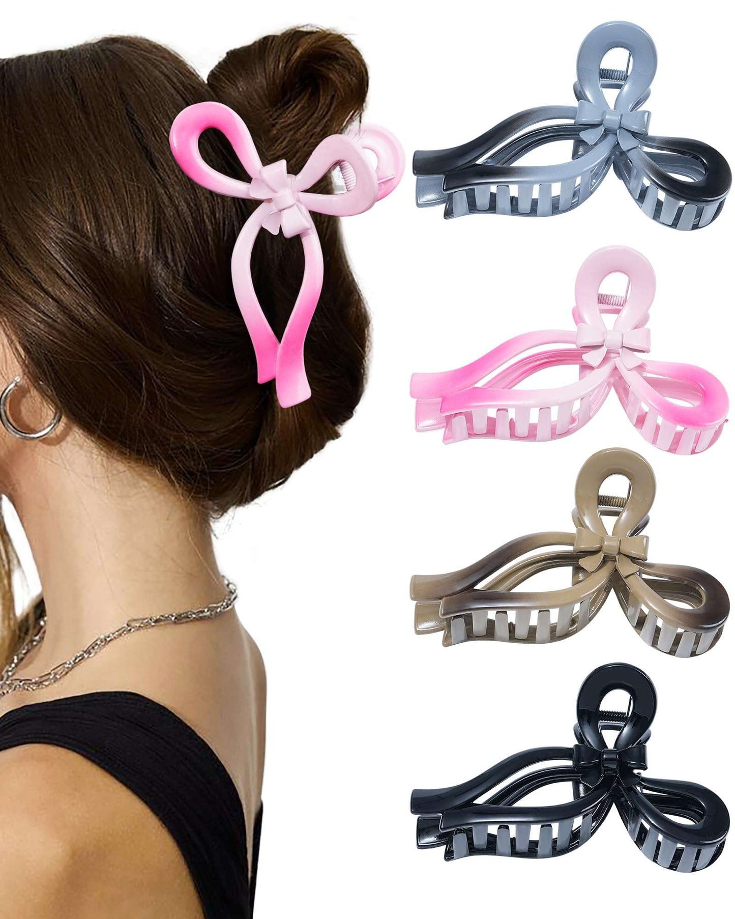 4 PCS Bow Hair Clips for Women Bow Claw Clip 5" Large Hair Claw Clips for Thick and Thin Hair Cute Bows Jaw Clip (Gradient - Khaki + Gray + Pink + Black)