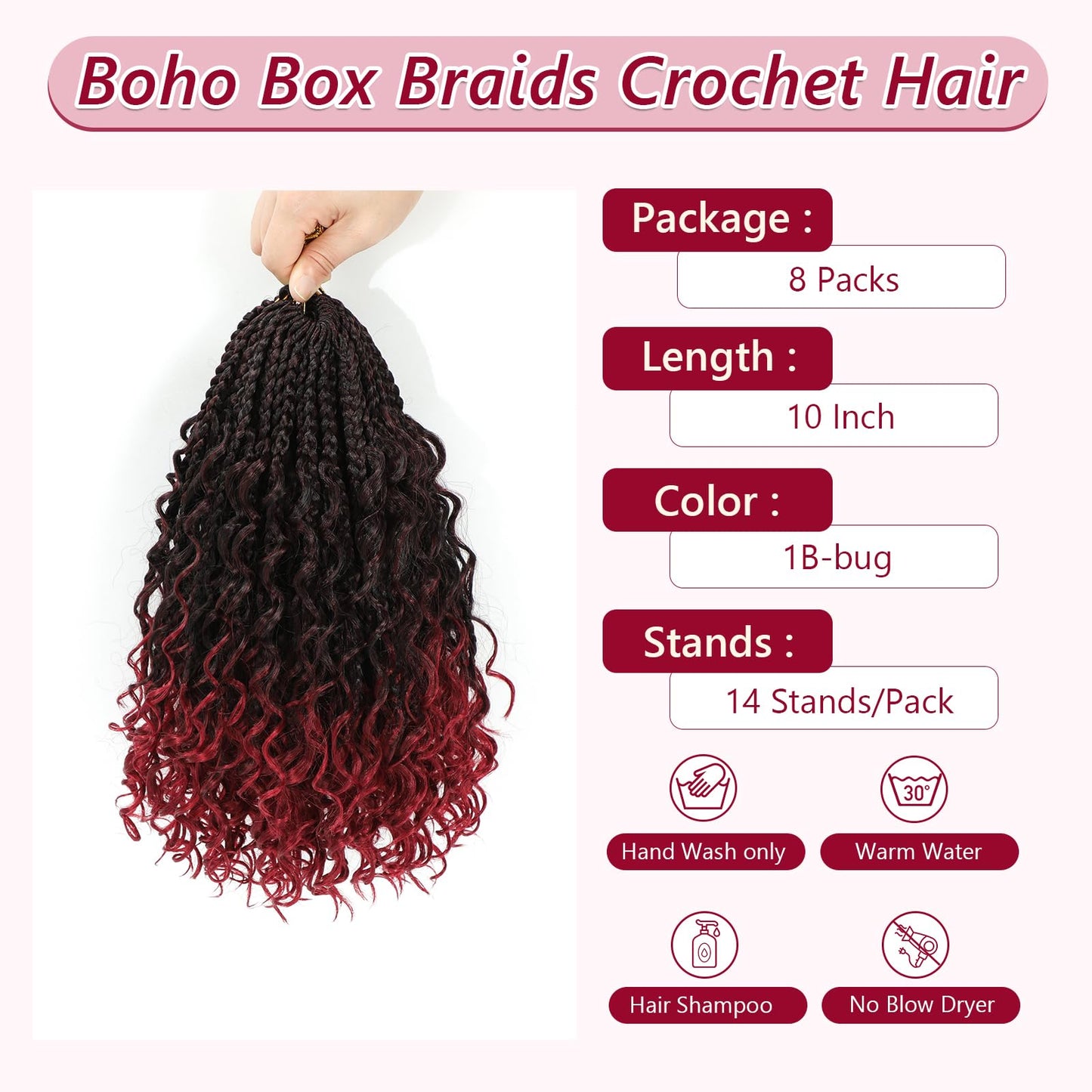 8 Packs Crochet Box Braids- 10 Inch Bohomian Box Braid Crochet Hair Boho Box Braids Crochet Braids Hair Synthetic Braiding Hair Goddess Box Braids Crochet Hair for black women (10(8Packs), 1B/Bug)
