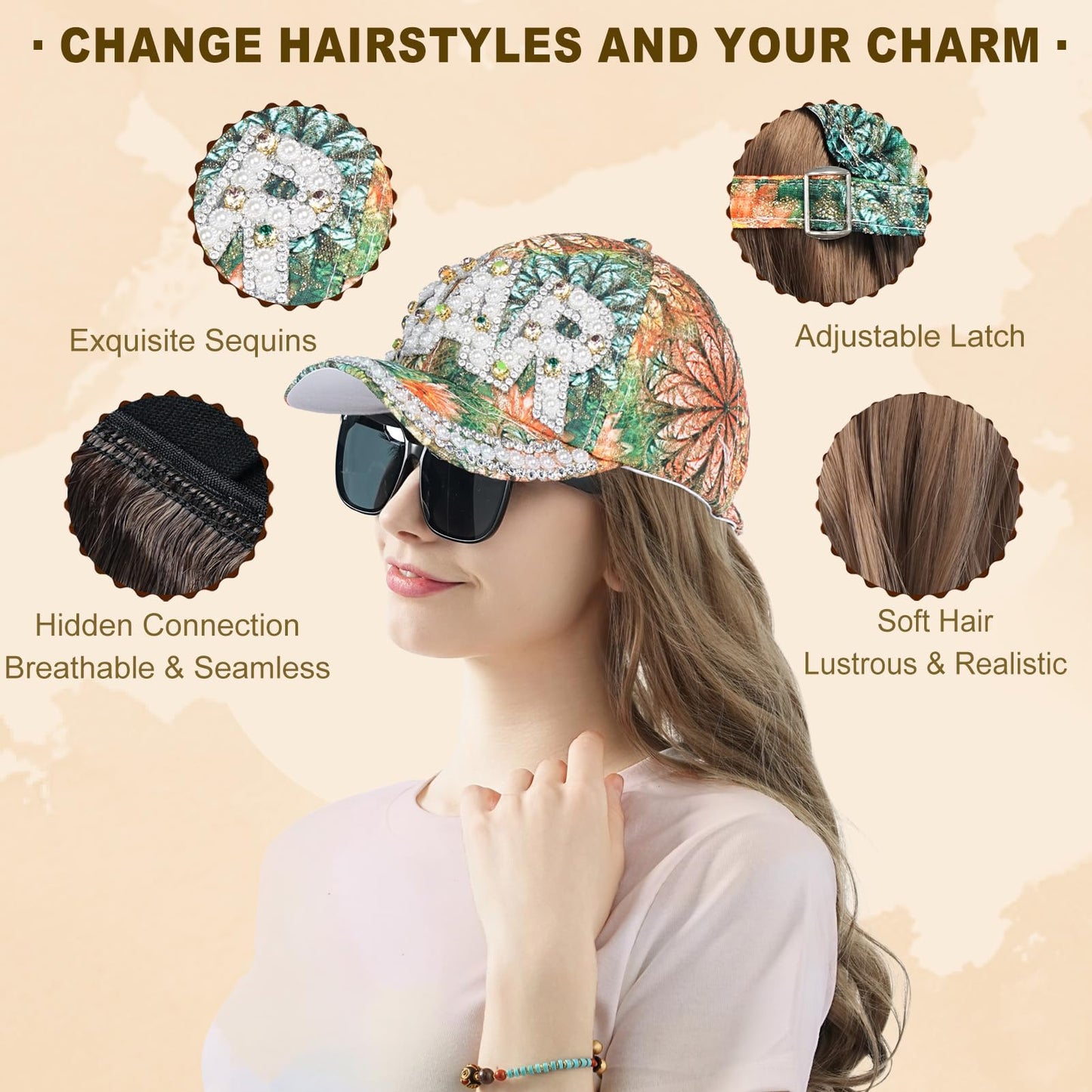 SUNBORRY Hat Wig for Women Baseball Cap with Hair hat with hair attached for women Extensions Adjustable Hat Attached 29" Long Wavy Hairpieces Synthetic Wig