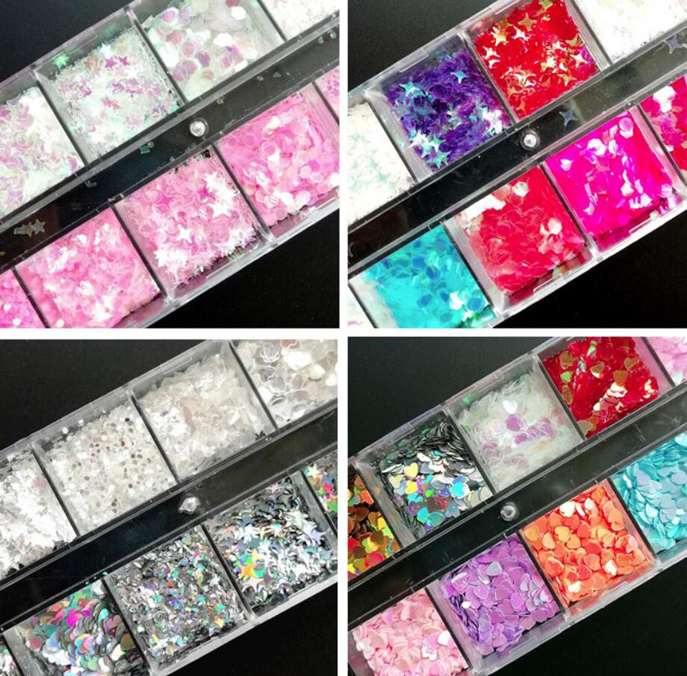 AddFavor 4 Boxes Holographic Nail Sequins Mixed Shapes Iridescent Glitter Flakes Hearts Star Moon DIY Design Manicure Nail Art Decorations Sets for Nail Art/Craft/Makeup