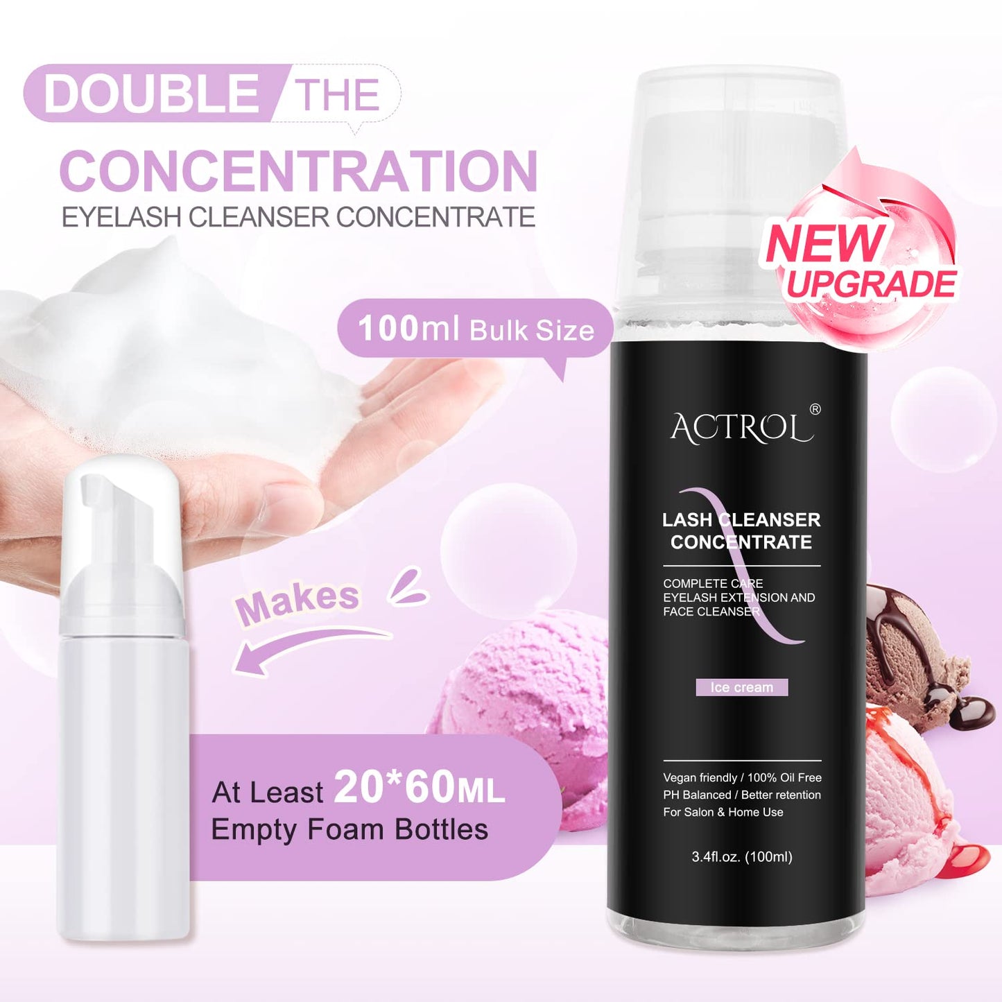 ACTROL Eyelash Cleanser Concentrate 100ml Ice Cream Professional Lash Shampoo Foaming Cleanser DIY Paraben & Sulfate Free Non-lrritating Wash for Extensions Lashes with Salon Care-Makes 20 Bottles