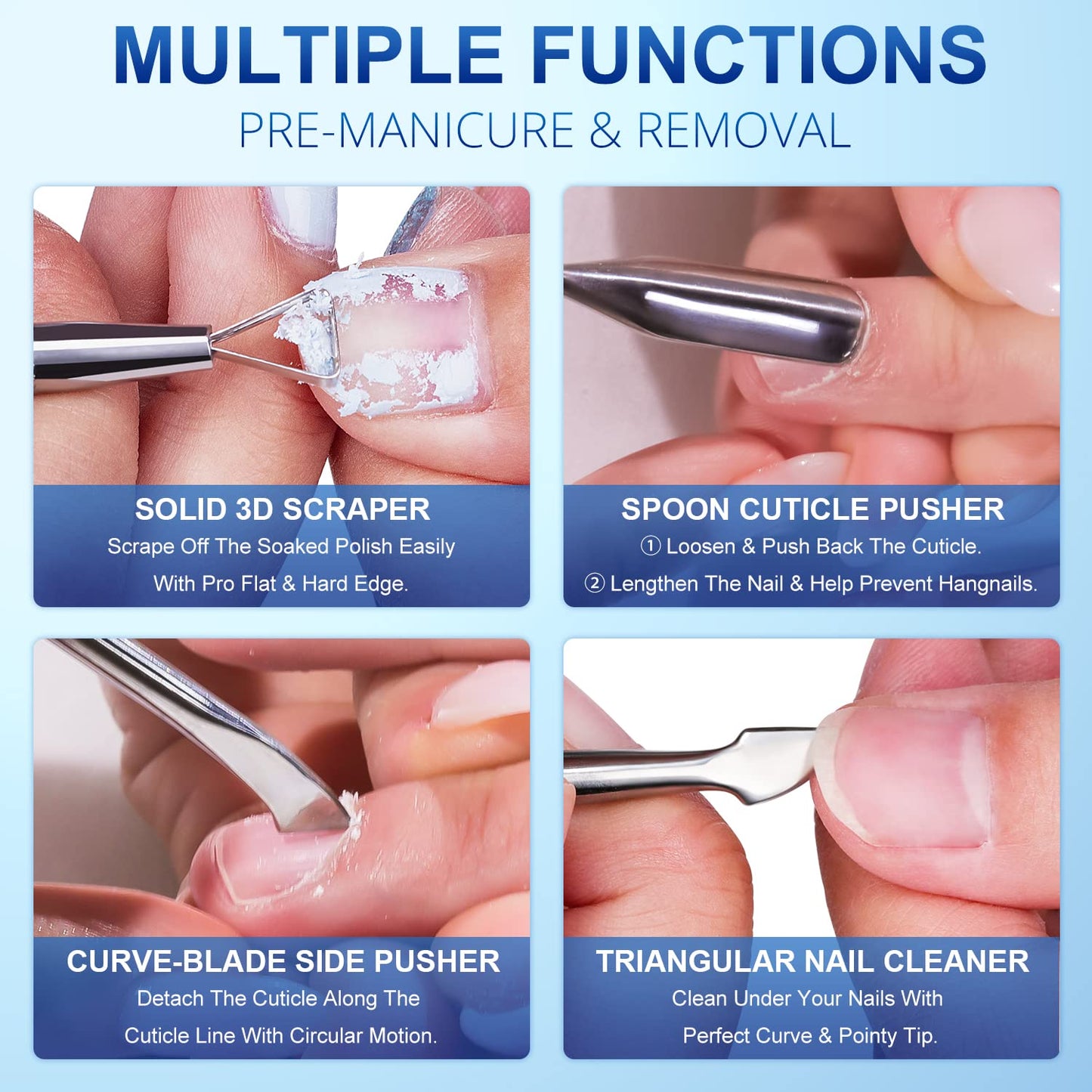 2PCS MetalTurquoise/Lake Blue Cuticle Pusher and Cutter Remover Salon Quality Stainless Steel Gel Nail Polish Peeler Scraper Durable Manicure and Pedicure Cleaner Tool For Fingernail and Toenail