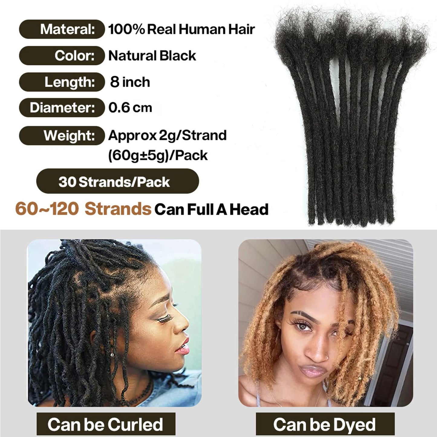 6-18 Inch Dreadlock Extensions Human Hair Fully Handmade Human Hair Dreadlock Extensions for Man/Women Locs Extensions Human Hair Can Be Dyed Bleached Curled… (0.6CM Width-1B, 8Inch-30Strands)